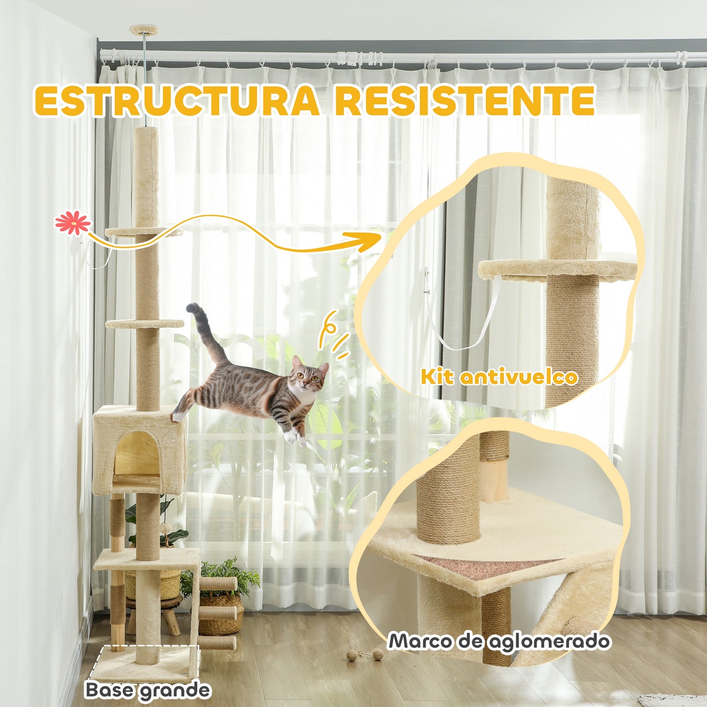 PawHut Árbol para Gatos de Suelo a Techo de 225-265 cm Árbol Rascador para Gatos con Altura Ajustable Múltiples Plataformas Escalera Bola Colgante Beige