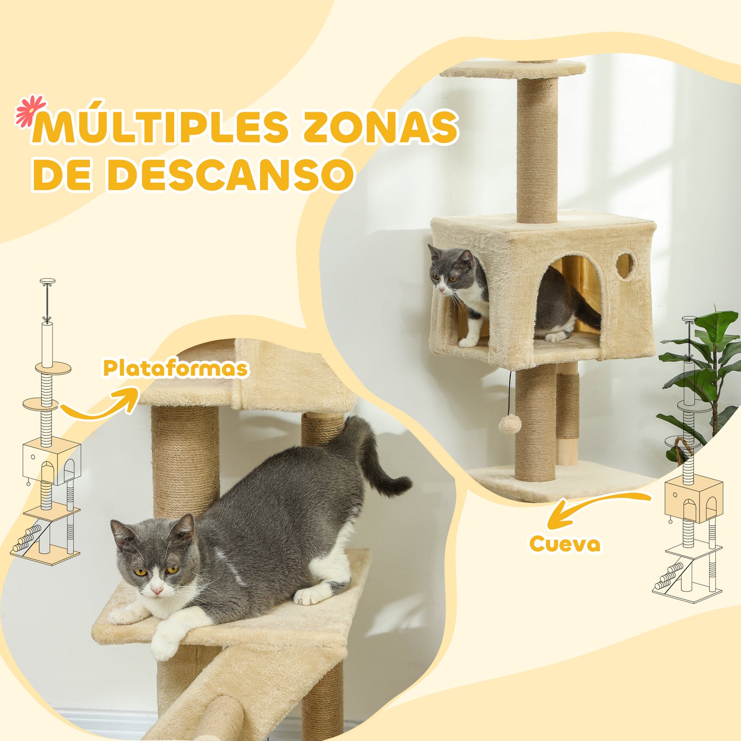 PawHut Árbol para Gatos de Suelo a Techo de 225-265 cm Árbol Rascador para Gatos con Altura Ajustable Múltiples Plataformas Escalera Bola Colgante Beige