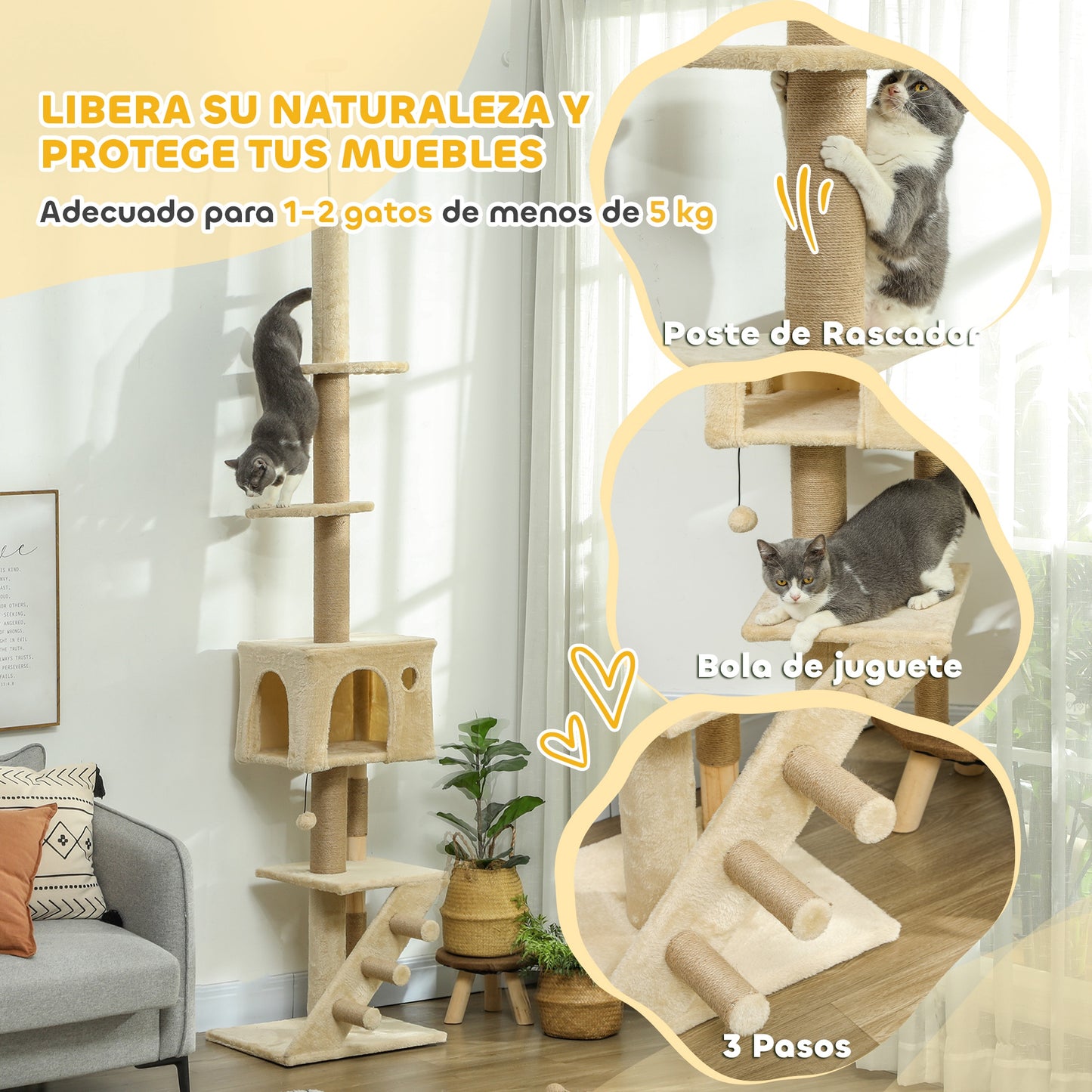 PawHut Árbol para Gatos de Suelo a Techo de 225-265 cm Árbol Rascador para Gatos con Altura Ajustable Múltiples Plataformas Escalera Bola Colgante Beige