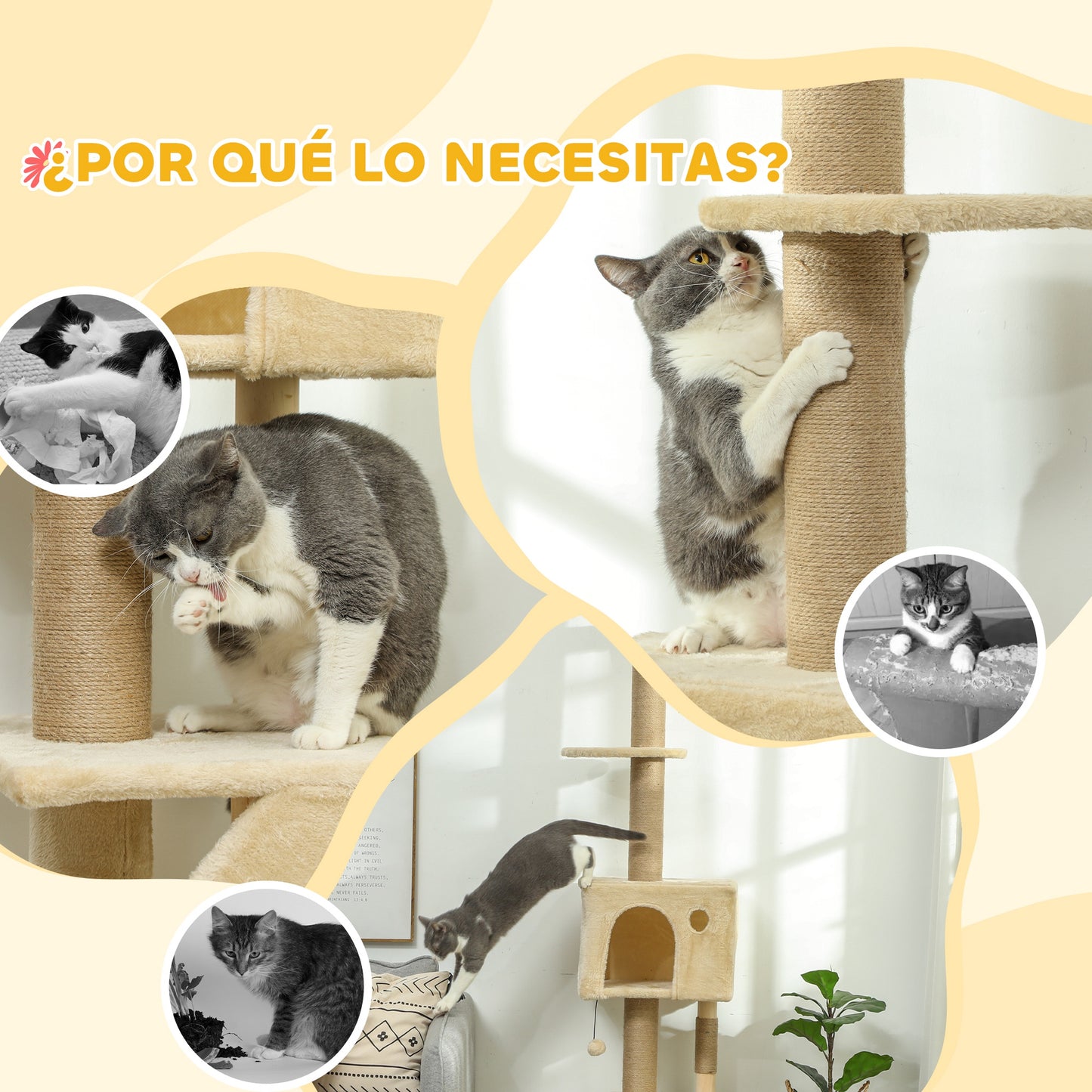 PawHut Árbol para Gatos de Suelo a Techo de 225-265 cm Árbol Rascador para Gatos con Altura Ajustable Múltiples Plataformas Escalera Bola Colgante Beige