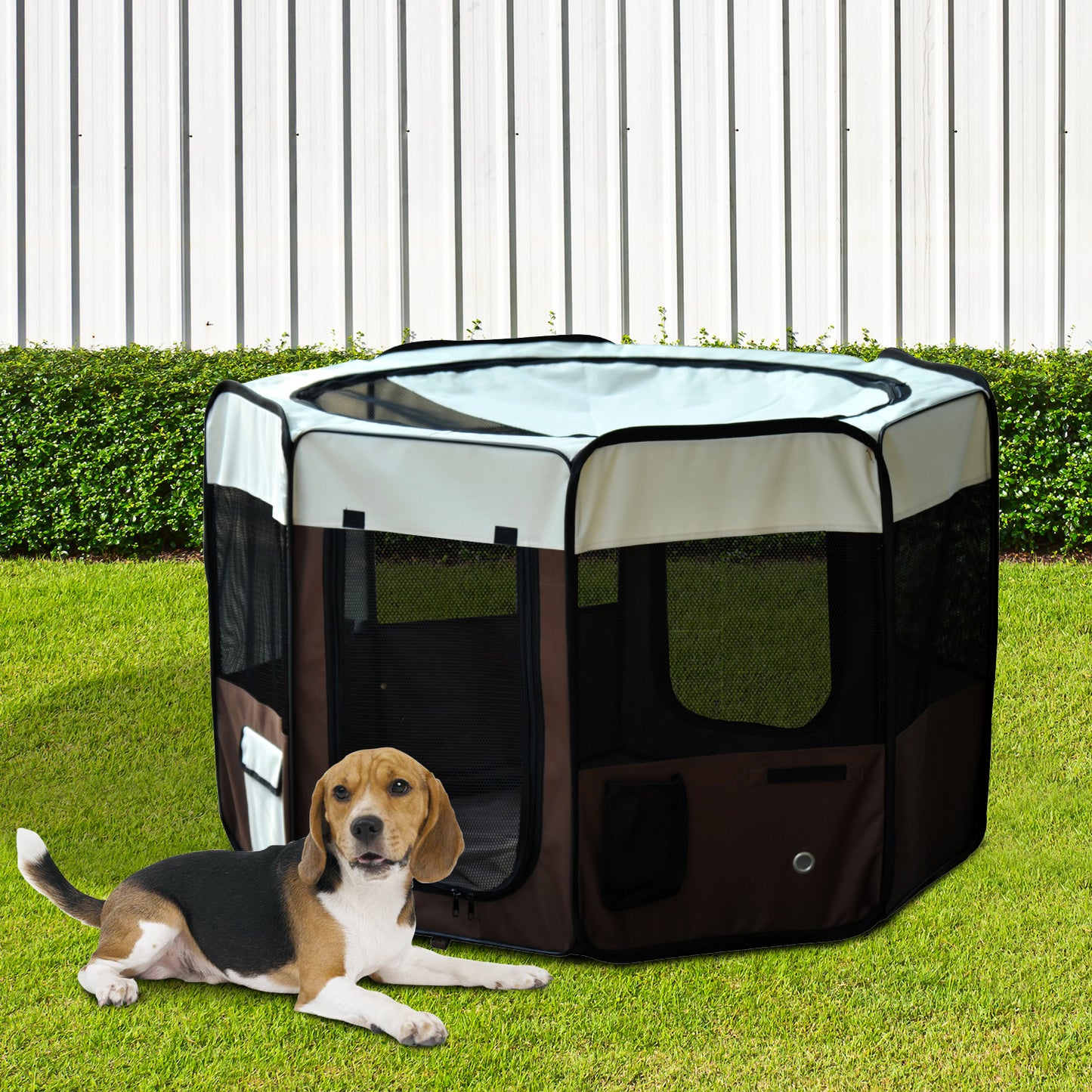 PawHut Parque Plegable para Perros y Gatos Parque de Juego para Mascotas con 2 Puertas y Cojín de Tela Oxford Juego Entrenamiento para Dormitorio Ø117x71 cm Marrón