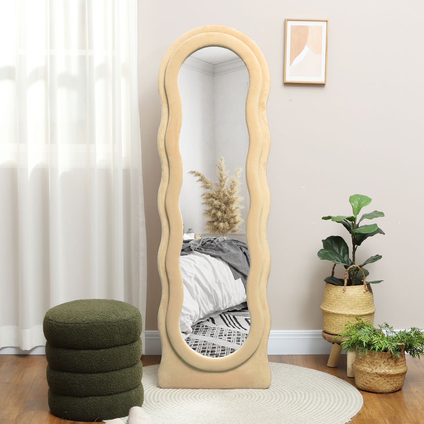 HOMCOM Espejo de Cuerpo Entero 160x50 cm Espejo de Pie o de Pared Diseño Ondulado Marco con Tela de Terciopelo para Salón Dormitorio Beige