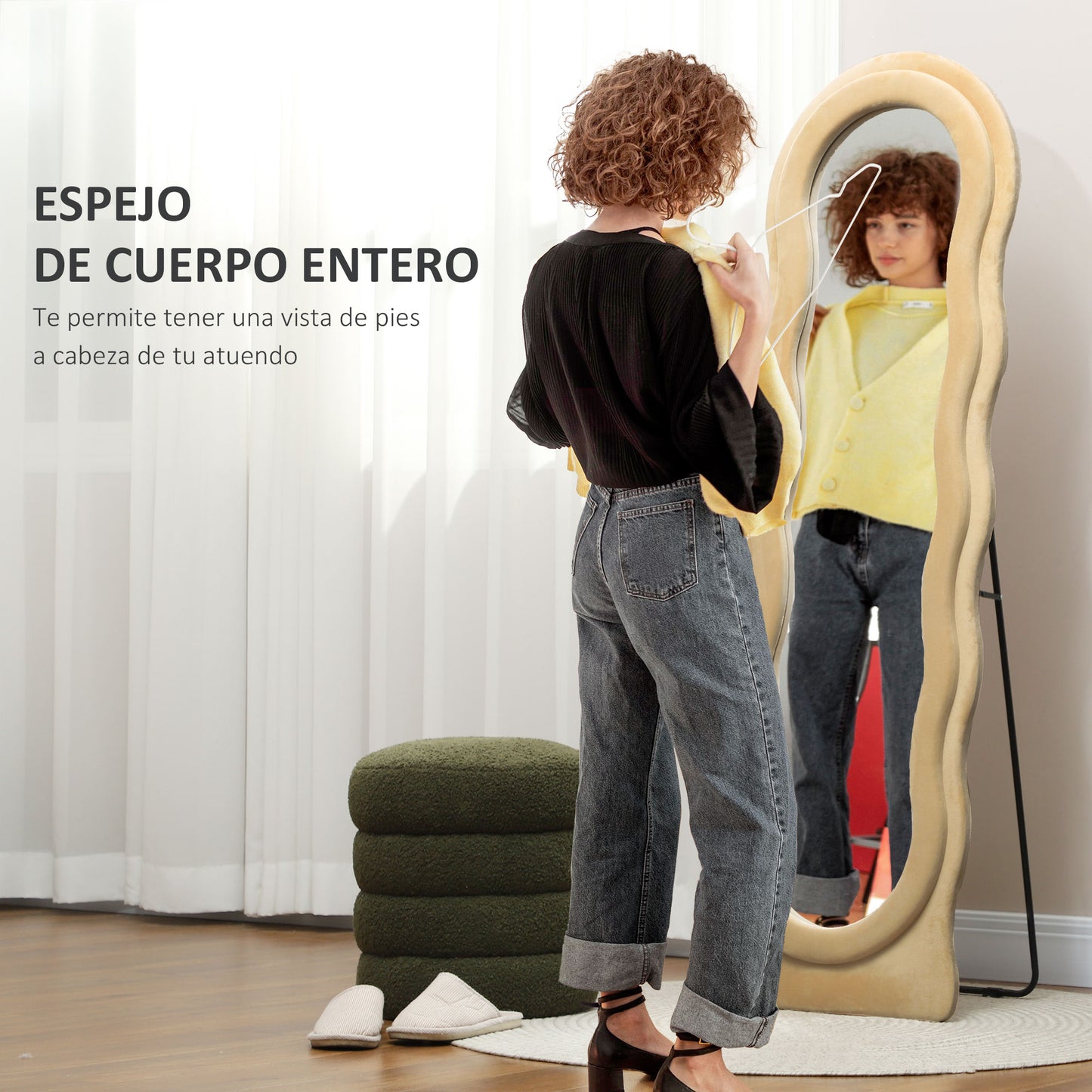 HOMCOM Espejo de Cuerpo Entero 160x50 cm Espejo de Pie o de Pared Diseño Ondulado Marco con Tela de Terciopelo para Salón Dormitorio Beige