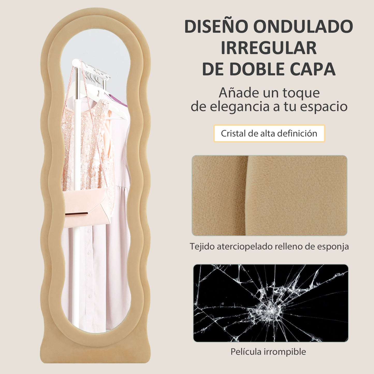 HOMCOM Espejo de Cuerpo Entero 160x50 cm Espejo de Pie o de Pared Diseño Ondulado Marco con Tela de Terciopelo para Salón Dormitorio Beige