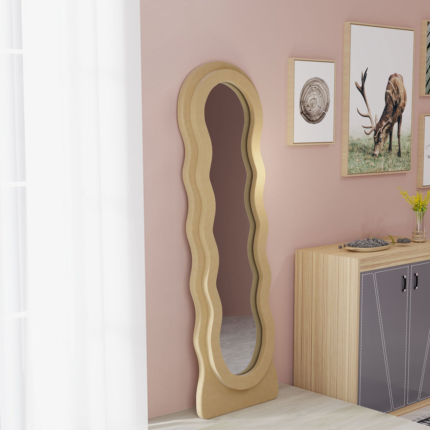 HOMCOM Espejo de Cuerpo Entero 160x50 cm Espejo de Pie o de Pared Diseño Ondulado Marco con Tela de Terciopelo para Salón Dormitorio Beige