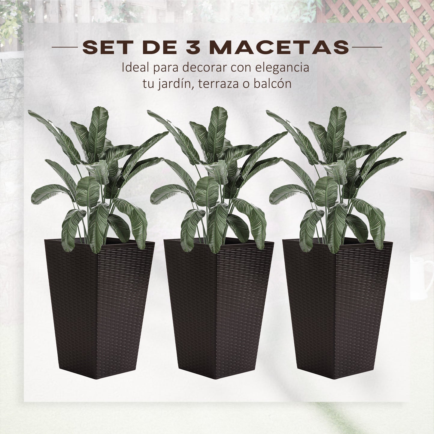 Outsunny Conjunto de 3 Macetas Cuadradas para Plantas Flores 3 Maceteros con Efecto de Símil Ratán para Jardín Terraza Interior y Exterior 36,5x36,5x61 cm Marrón