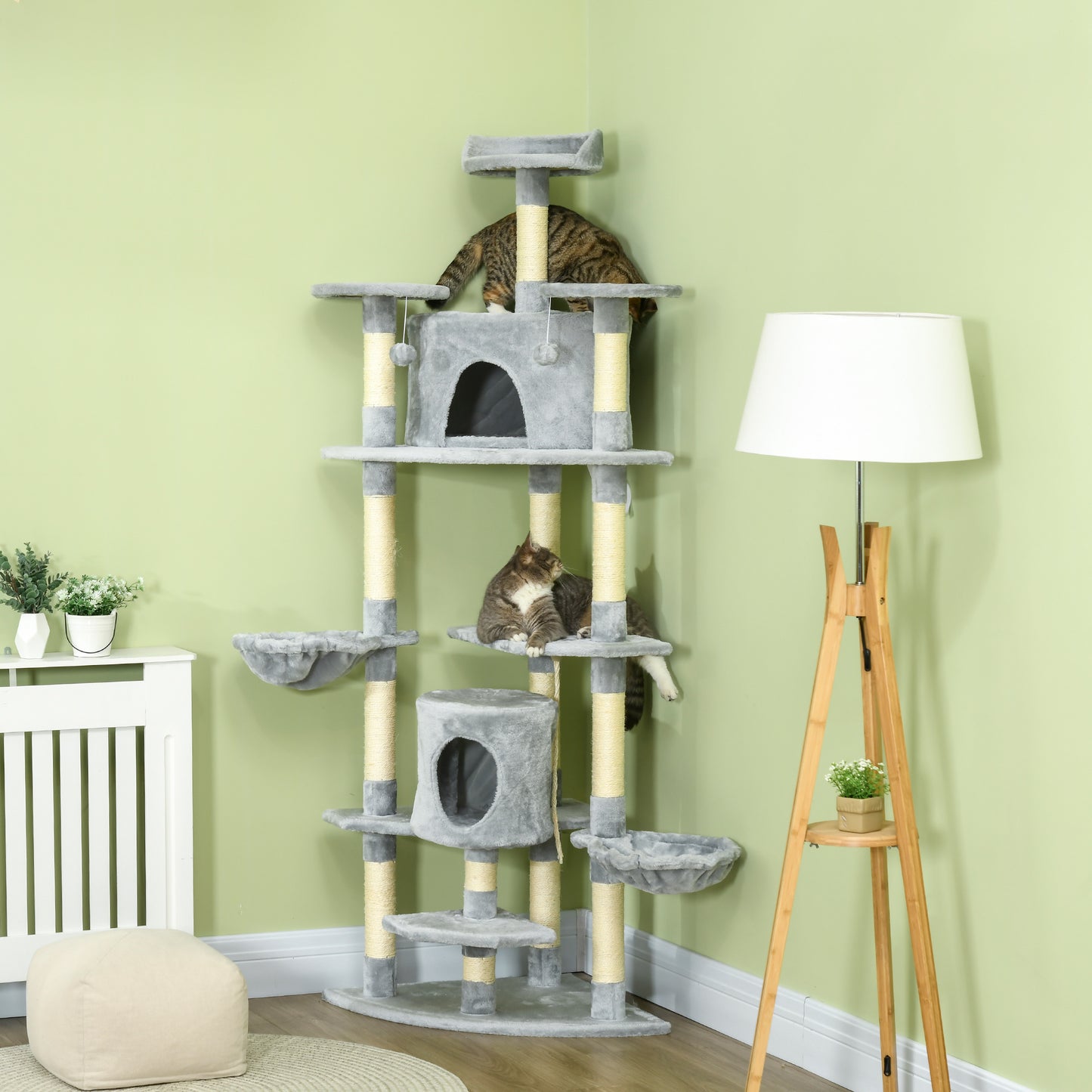 PawHut Árbol Rascador para Gatos Altura 200 cm Torre para Gatos con 2 Cuevas 2 Hamacas Cama Múltiples Plataformas Postes de Sisal y Bolas de Juguete 60x60x200 cm Gris