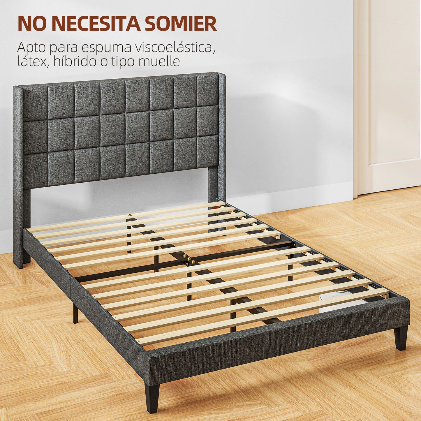 HOMCOM Cama 135x190 cm Estructura de Cama Somier con Cabecera Tapizada de Lino y Espacio de Almacenamiento Debajo de la Cama Carga 300 kg Gris