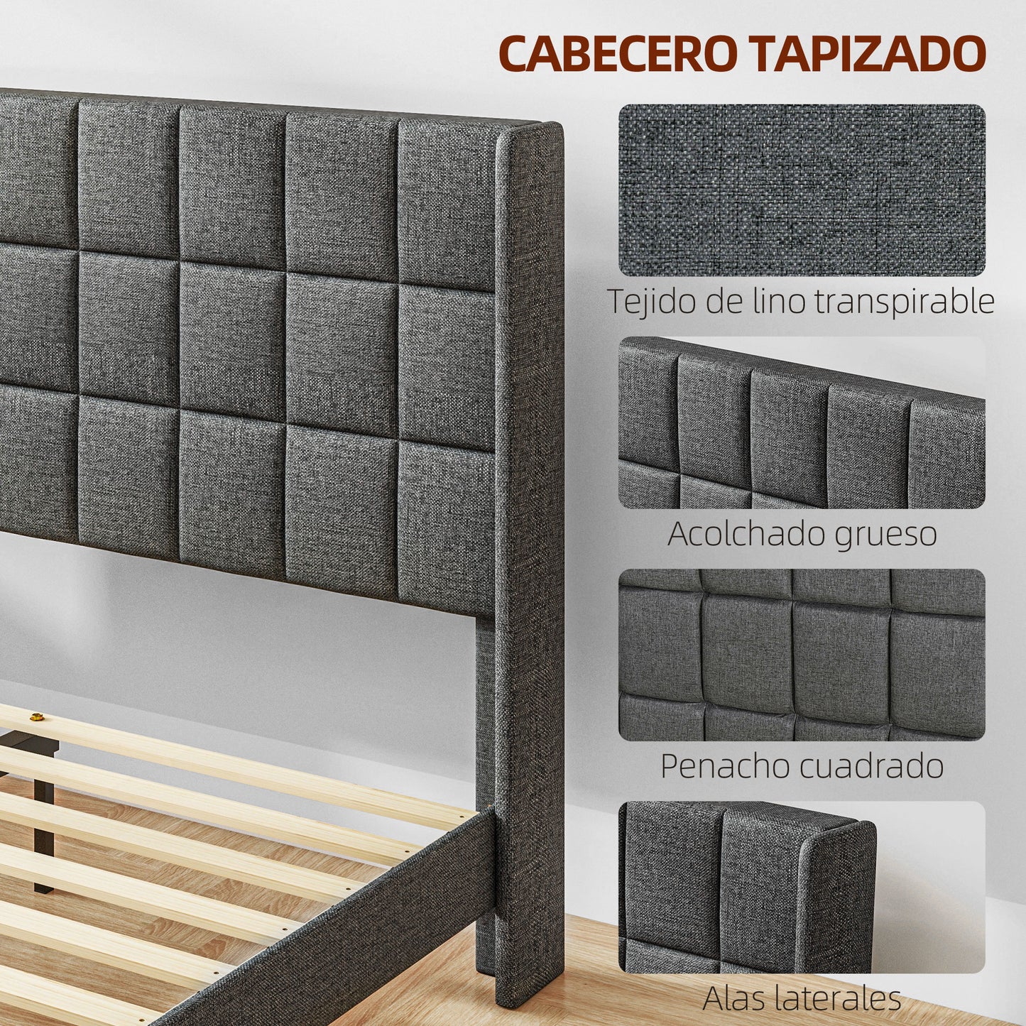 HOMCOM Cama 135x190 cm Estructura de Cama Somier con Cabecera Tapizada de Lino y Espacio de Almacenamiento Debajo de la Cama Carga 300 kg Gris