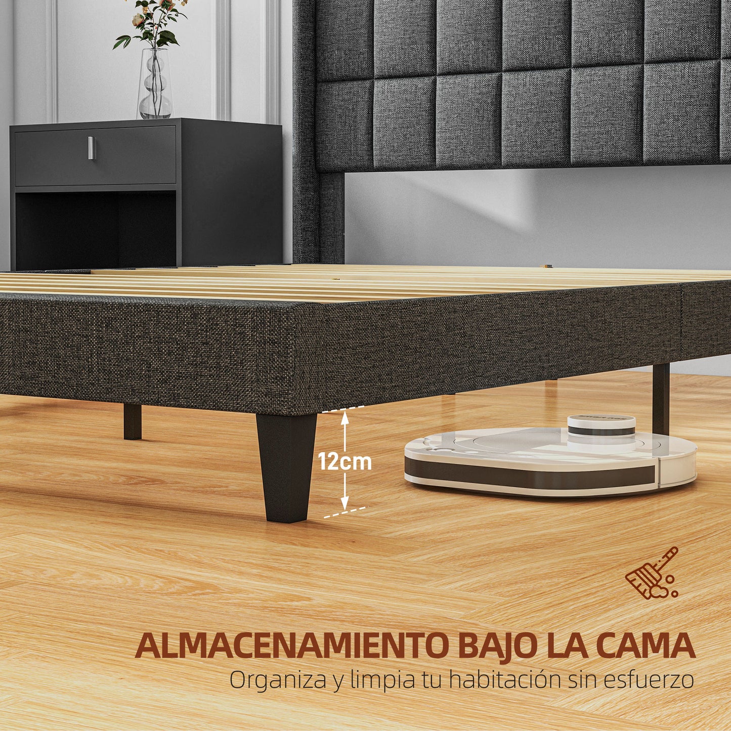 HOMCOM Cama 135x190 cm Estructura de Cama Somier con Cabecera Tapizada de Lino y Espacio de Almacenamiento Debajo de la Cama Carga 300 kg Gris