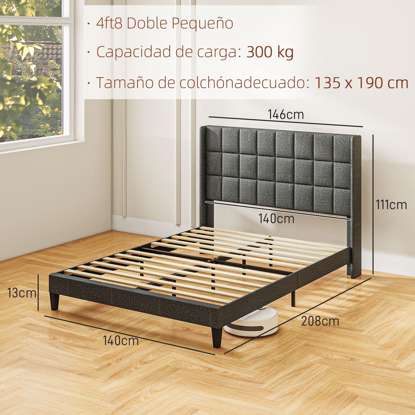 HOMCOM Cama 135x190 cm Estructura de Cama Somier con Cabecera Tapizada de Lino y Espacio de Almacenamiento Debajo de la Cama Carga 300 kg Gris