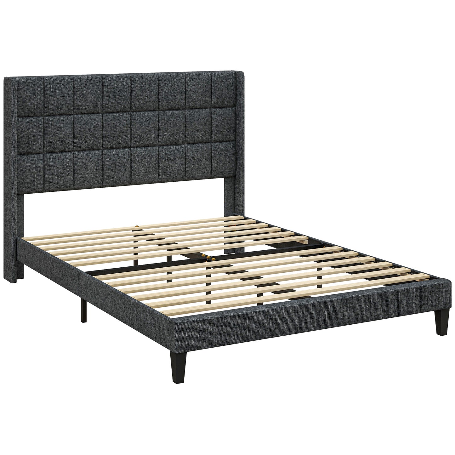 HOMCOM Cama 135x190 cm Estructura de Cama Somier con Cabecera Tapizada de Lino y Espacio de Almacenamiento Debajo de la Cama Carga 300 kg Gris