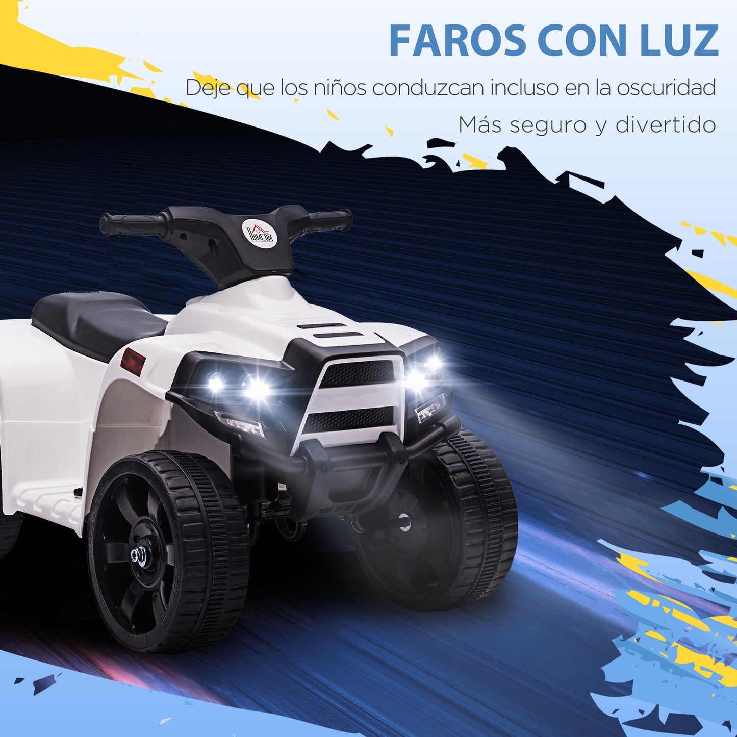 HOMCOM Quad Eléctrico para Niños 18-36 Meses Cuatrimoto Infantil a Batería 6V con Faros Bocina Velocidad 0-3 km/h Avance y Retroceso 65x40x43 cm Blanco