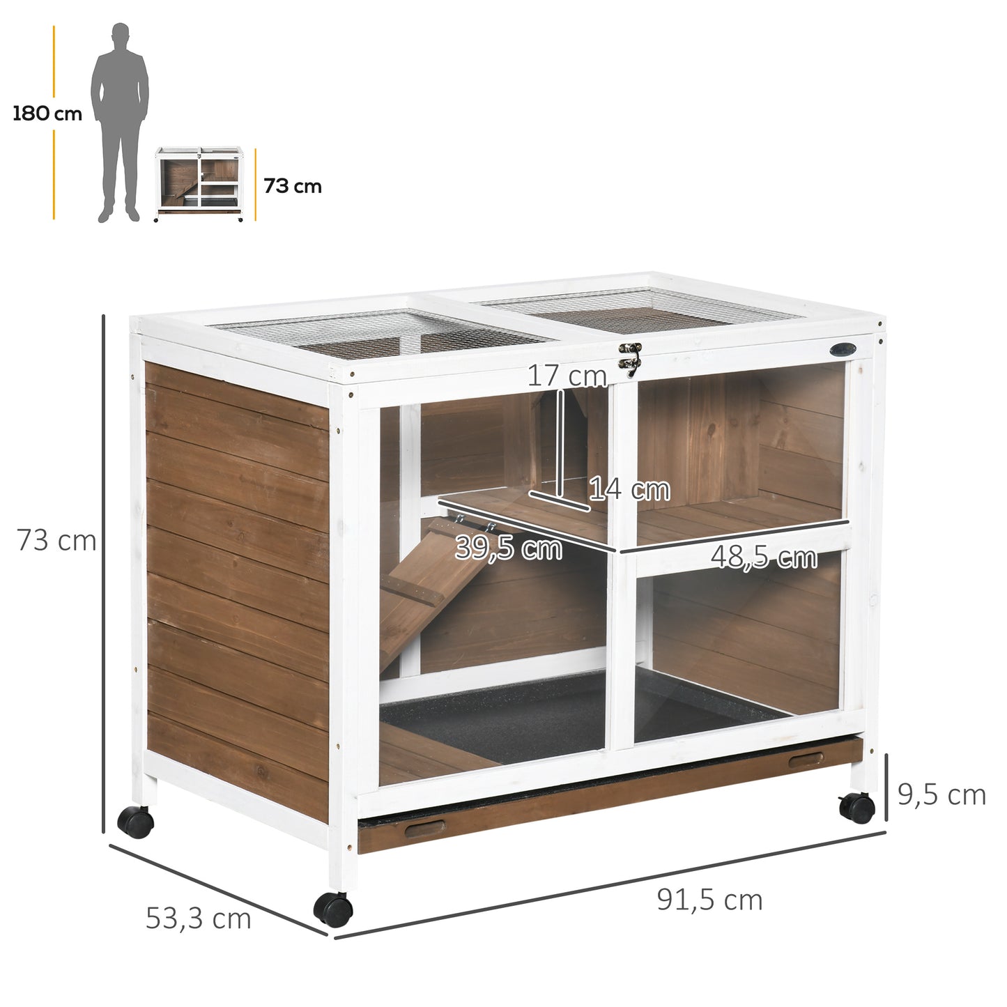 PawHut Conejera de Madera con Ruedas 91,5x53,3x73 cm Jaula para Conejos de 2 Niveles con Techo Abatible Bandeja Extraíble y Rampa Marrón