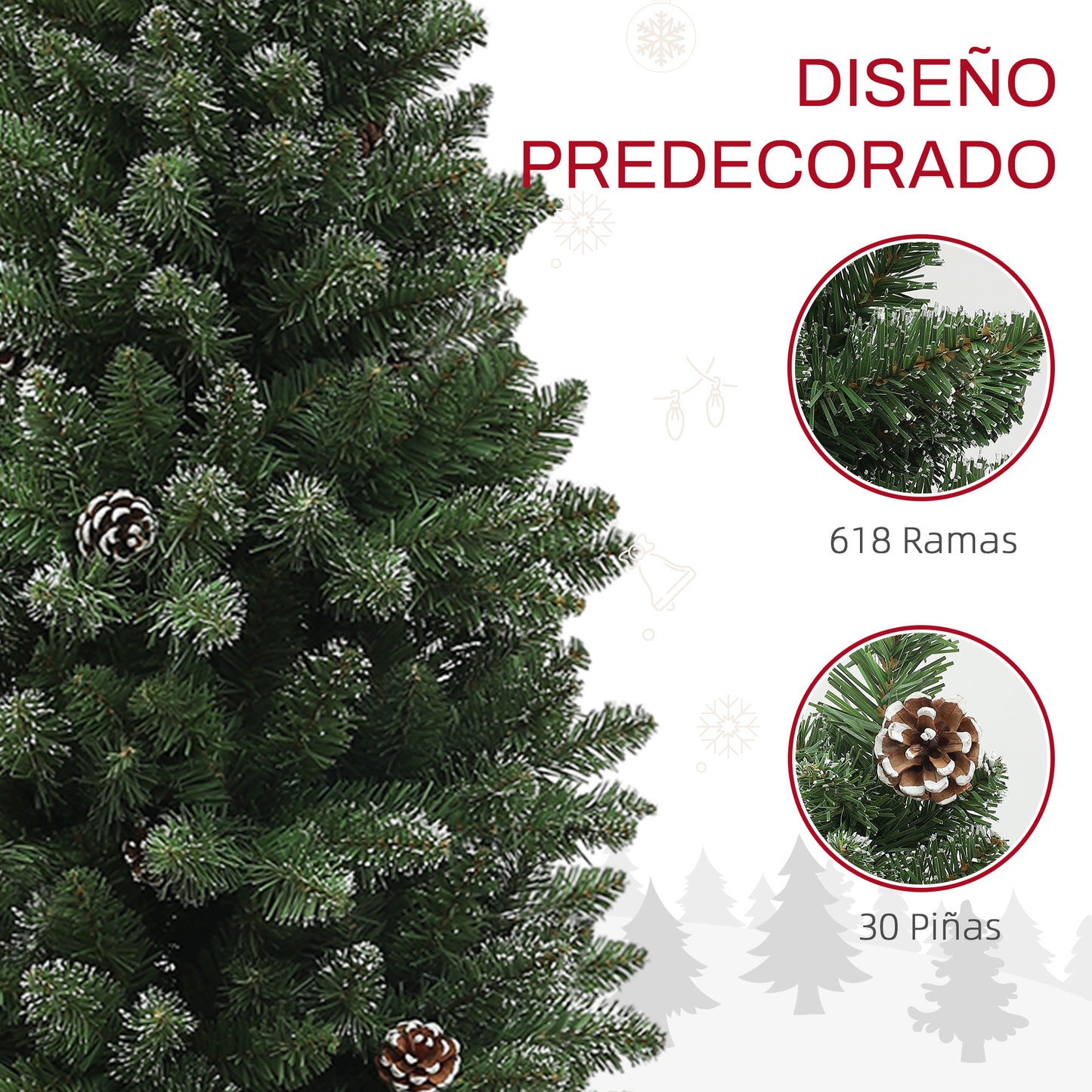 HOMCOM Árbol de Navidad 180 cm Árbol de Navidad Artificial con 618 Ramas 30 Piñas y Soporte de Metal Árbol Navideño para Salón Interior Verde