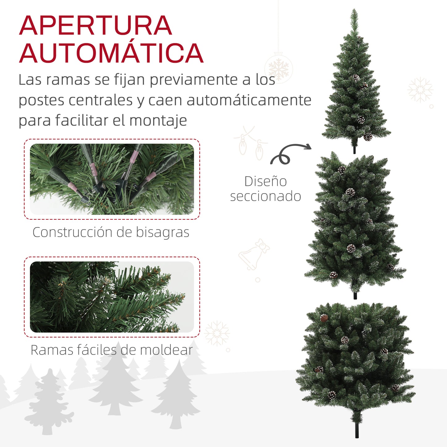 HOMCOM Árbol de Navidad 180 cm Árbol de Navidad Artificial con 618 Ramas 30 Piñas y Soporte de Metal Árbol Navideño para Salón Interior Verde