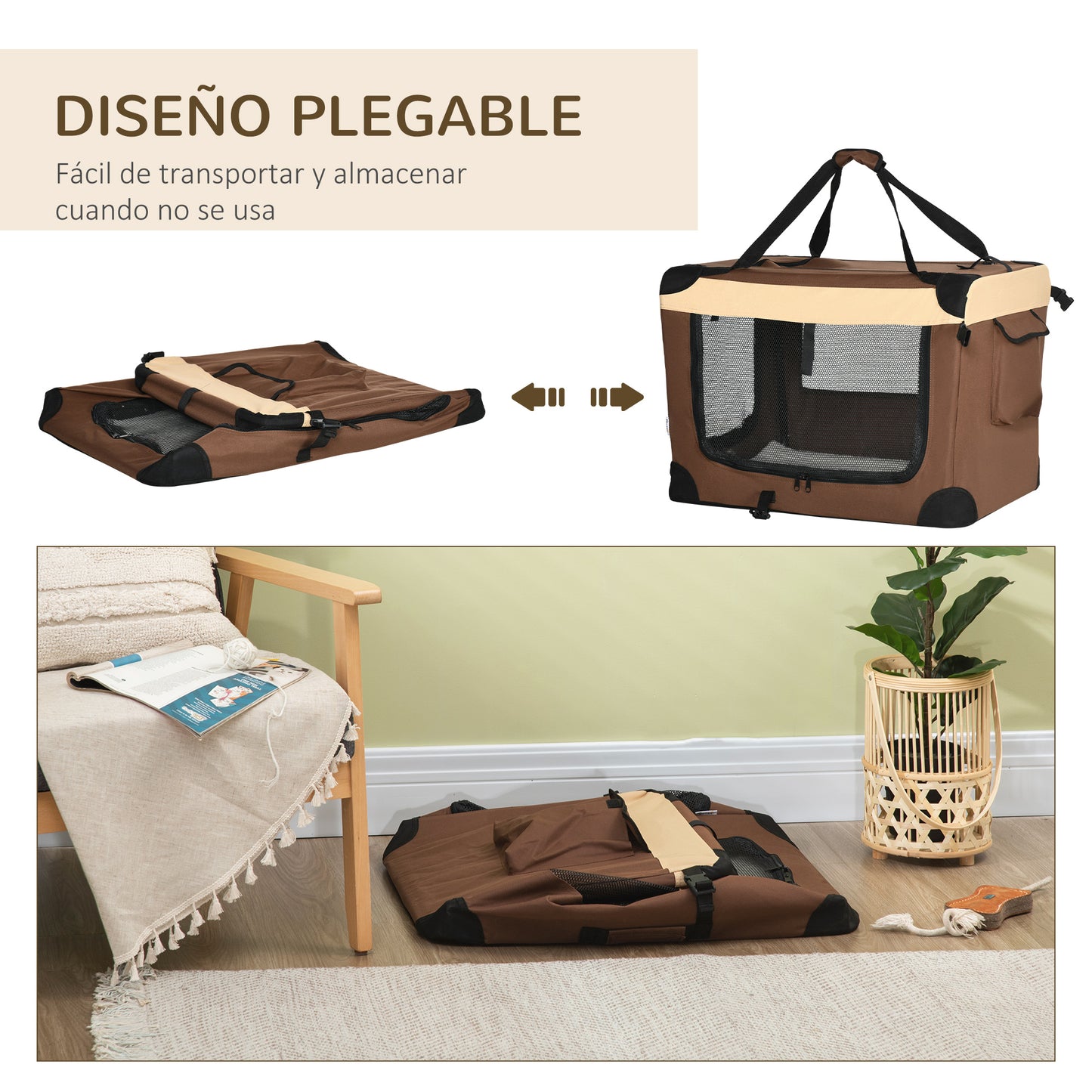 PawHut Transportín para Perros y Gatos Bolsa de Transporte para Mascotas Plegable con Ventanas Cojín Suave y 2 Correas del Hombro 70x51x50 cm Marrón