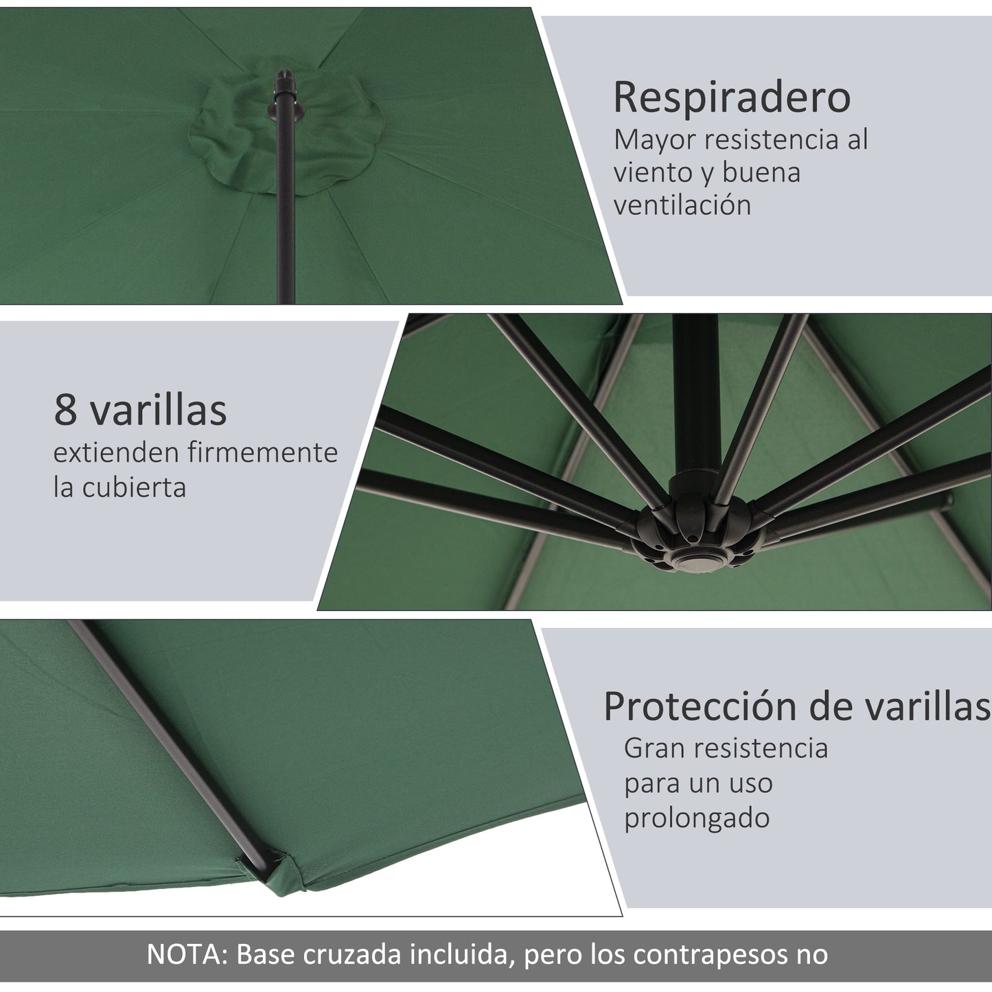 Outsunny Sombrilla de Jardín Ø300x250 cm Parasol Excéntrico Inclinable con Manivela Base Cruzada y Soporte de Acero Protección Solar para Terraza Exterior Verde