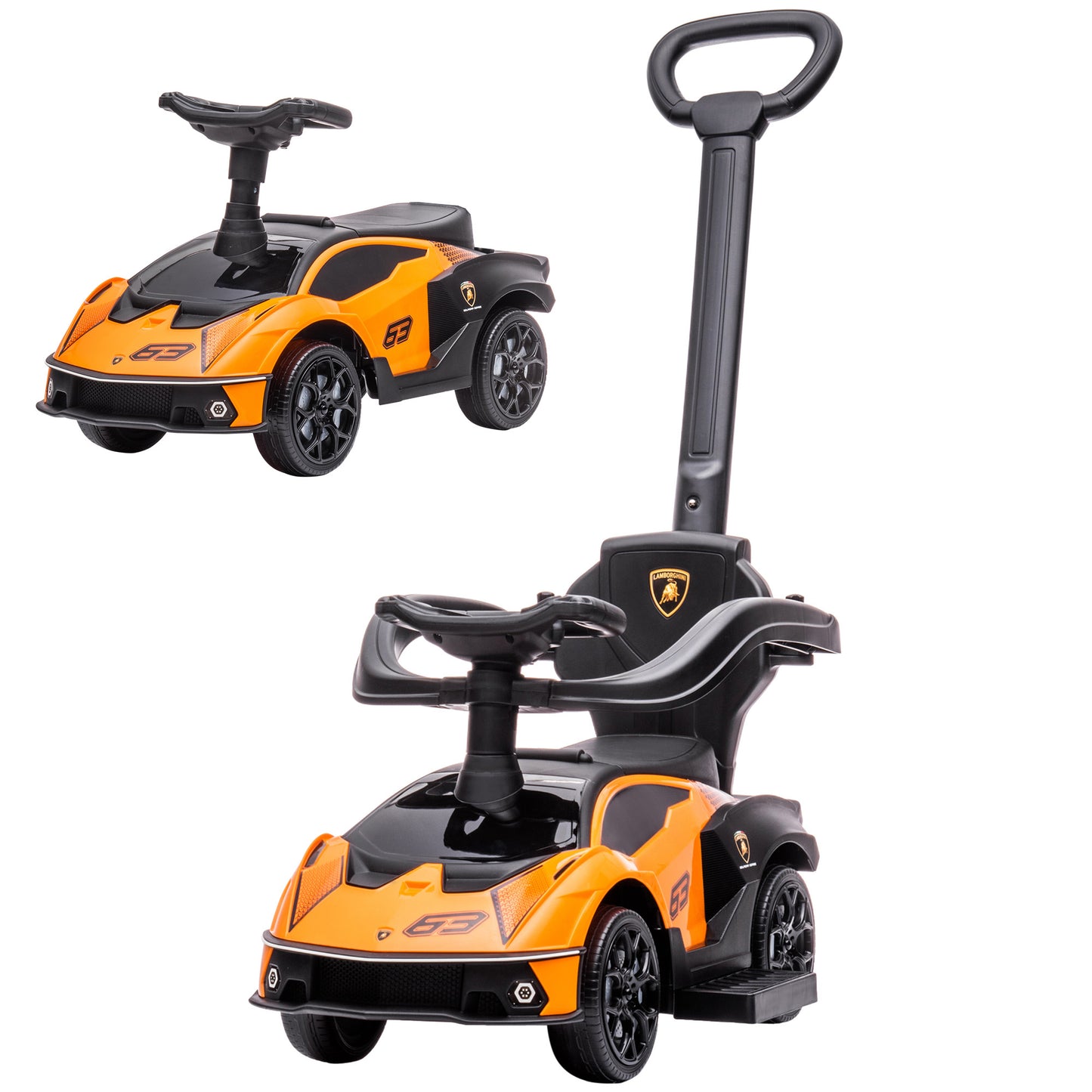 AIYAPLAY 2 en 1 Coche Correpasillos para Niños 12-36 Meses Lamborghini Essenza SCV12 Andador Empujador con Bocina Mango de Empuje y Barandilla Extraíbles 86,5x40x89,5 cm Naranja y Negro