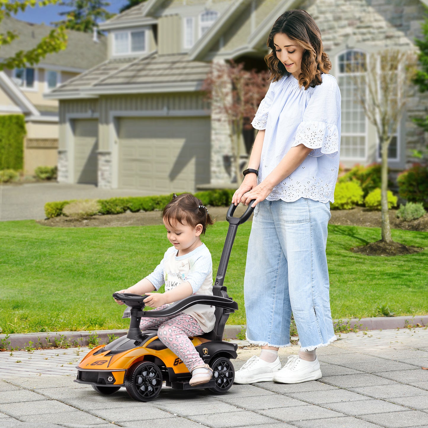 AIYAPLAY 2 en 1 Coche Correpasillos para Niños 12-36 Meses Lamborghini Essenza SCV12 Andador Empujador con Bocina Mango de Empuje y Barandilla Extraíbles 86,5x40x89,5 cm Naranja y Negro