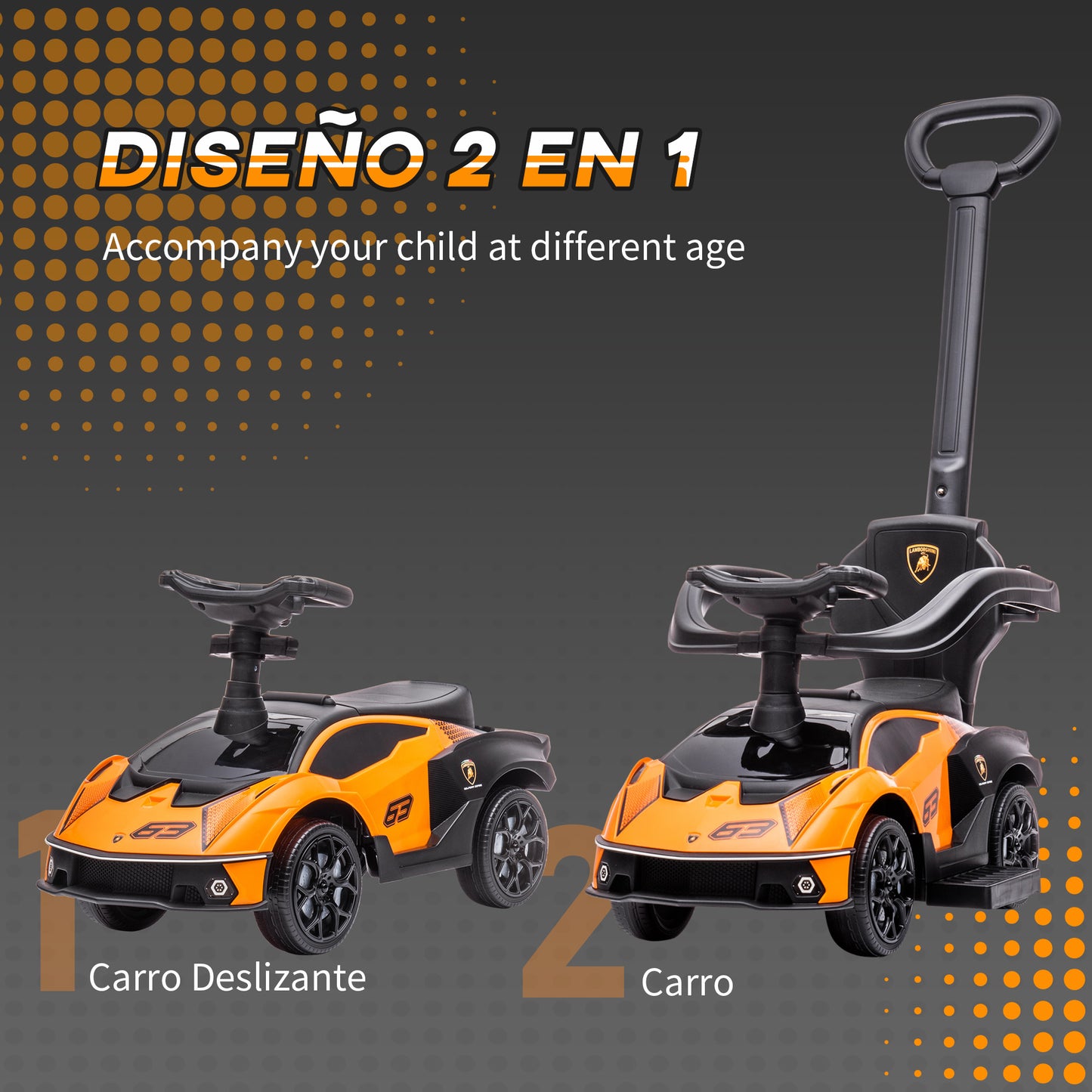 AIYAPLAY 2 en 1 Coche Correpasillos para Niños 12-36 Meses Lamborghini Essenza SCV12 Andador Empujador con Bocina Mango de Empuje y Barandilla Extraíbles 86,5x40x89,5 cm Naranja y Negro