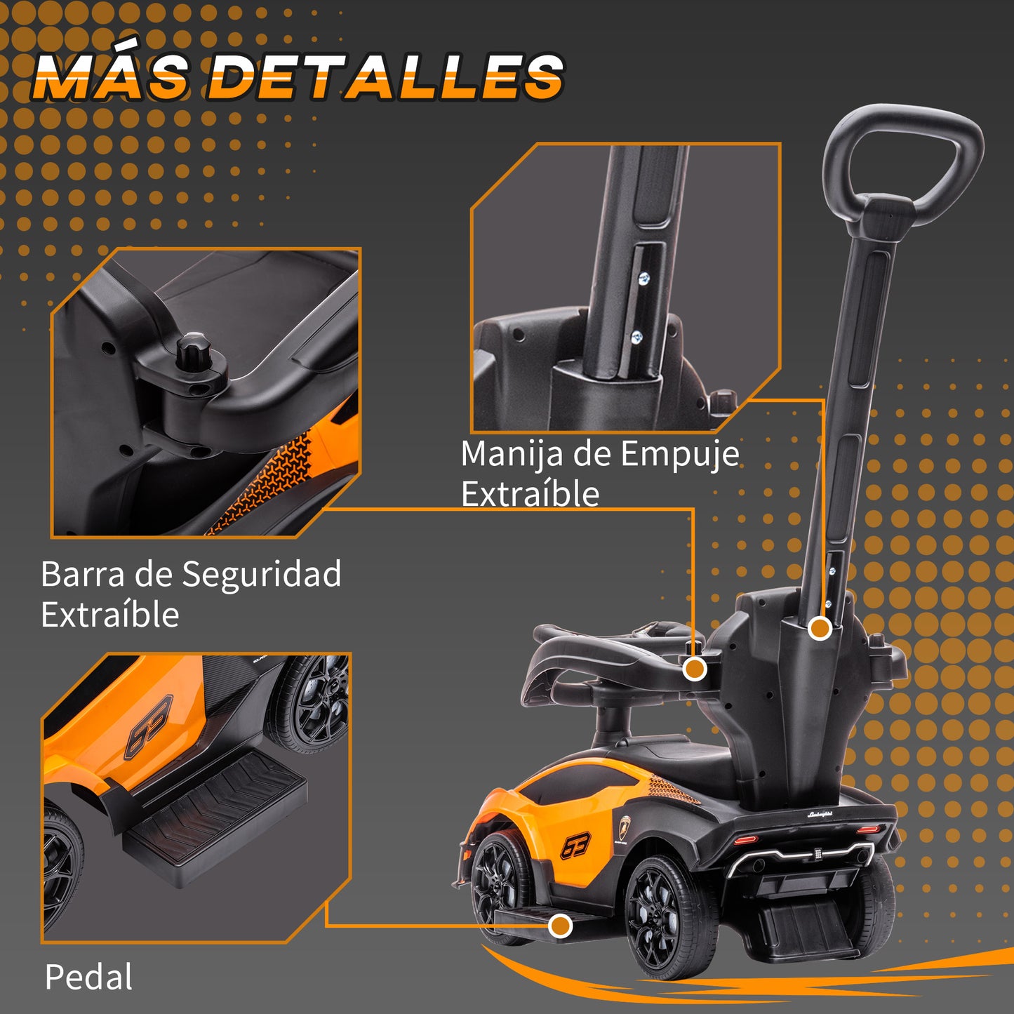 AIYAPLAY 2 en 1 Coche Correpasillos para Niños 12-36 Meses Lamborghini Essenza SCV12 Andador Empujador con Bocina Mango de Empuje y Barandilla Extraíbles 86,5x40x89,5 cm Naranja y Negro