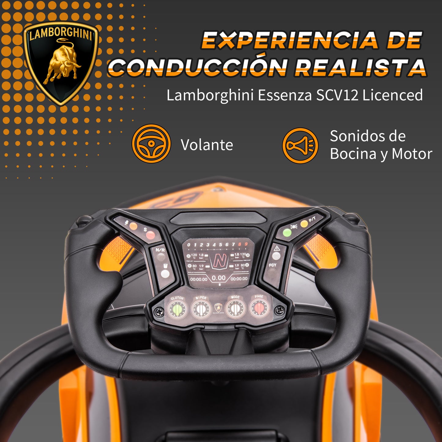 AIYAPLAY 2 en 1 Coche Correpasillos para Niños 12-36 Meses Lamborghini Essenza SCV12 Andador Empujador con Bocina Mango de Empuje y Barandilla Extraíbles 86,5x40x89,5 cm Naranja y Negro