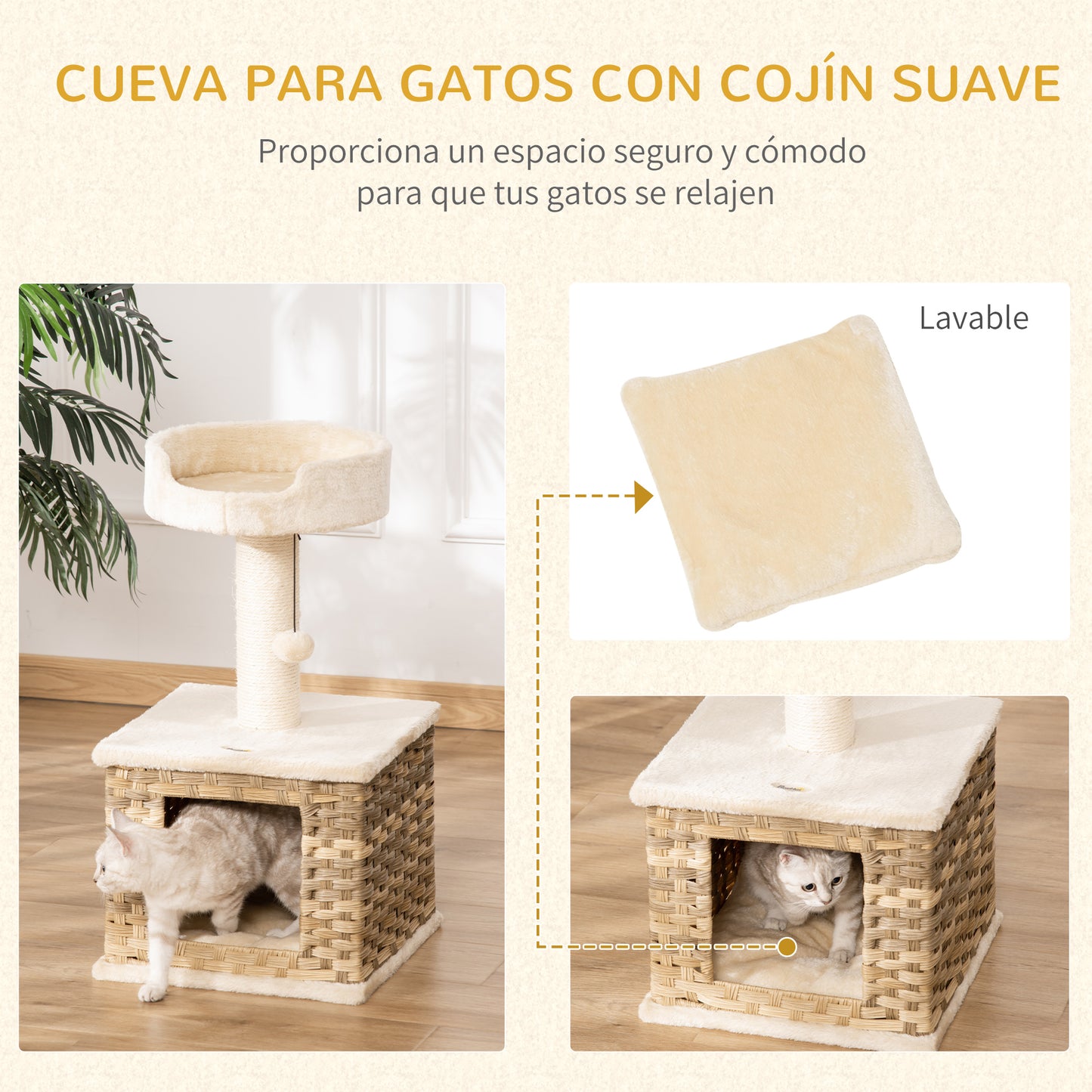 PawHut Árbol para Gatos Mediano Altura 69 cm con Cueva de Ratán Sintético Cojín Lavable Cama Superior Poste Rascador de Sisal y Bola Colgante 36x36x69 cm Beige