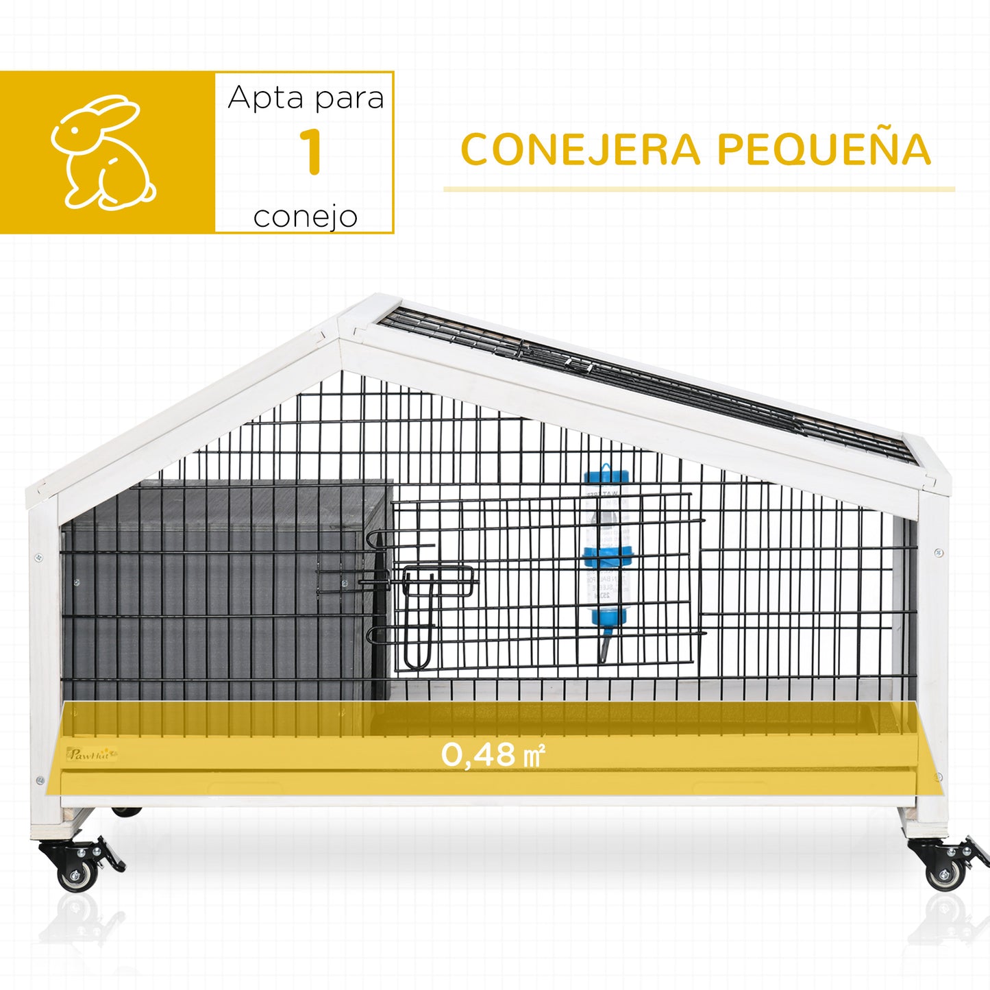 PawHut Conejera de Madera con Ruedas 90x53x55 cm Jaula de Conejillos con Bandeja Extraíble y Botella de Agua Casita para Animales Pequeños Gris Oscuro