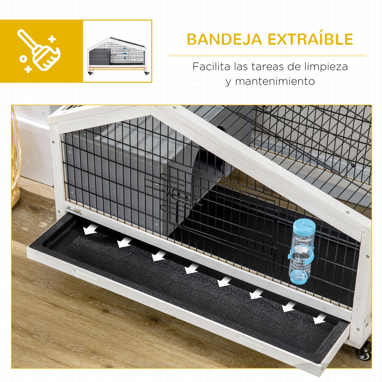 PawHut Conejera de Madera con Ruedas 90x53x55 cm Jaula de Conejillos con Bandeja Extraíble y Botella de Agua Casita para Animales Pequeños Gris Oscuro