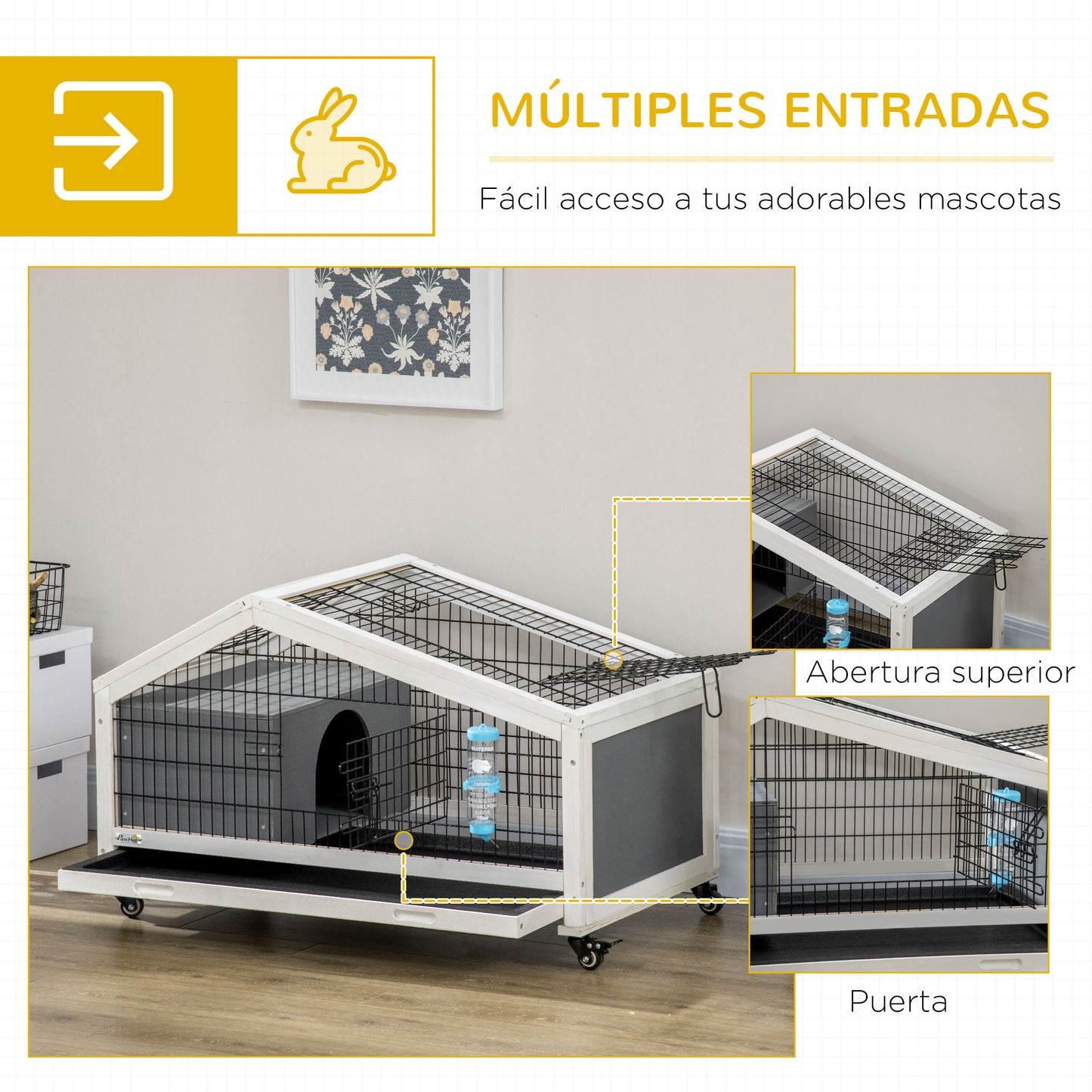 PawHut Conejera de Madera con Ruedas 90x53x55 cm Jaula de Conejillos con Bandeja Extraíble y Botella de Agua Casita para Animales Pequeños Gris Oscuro