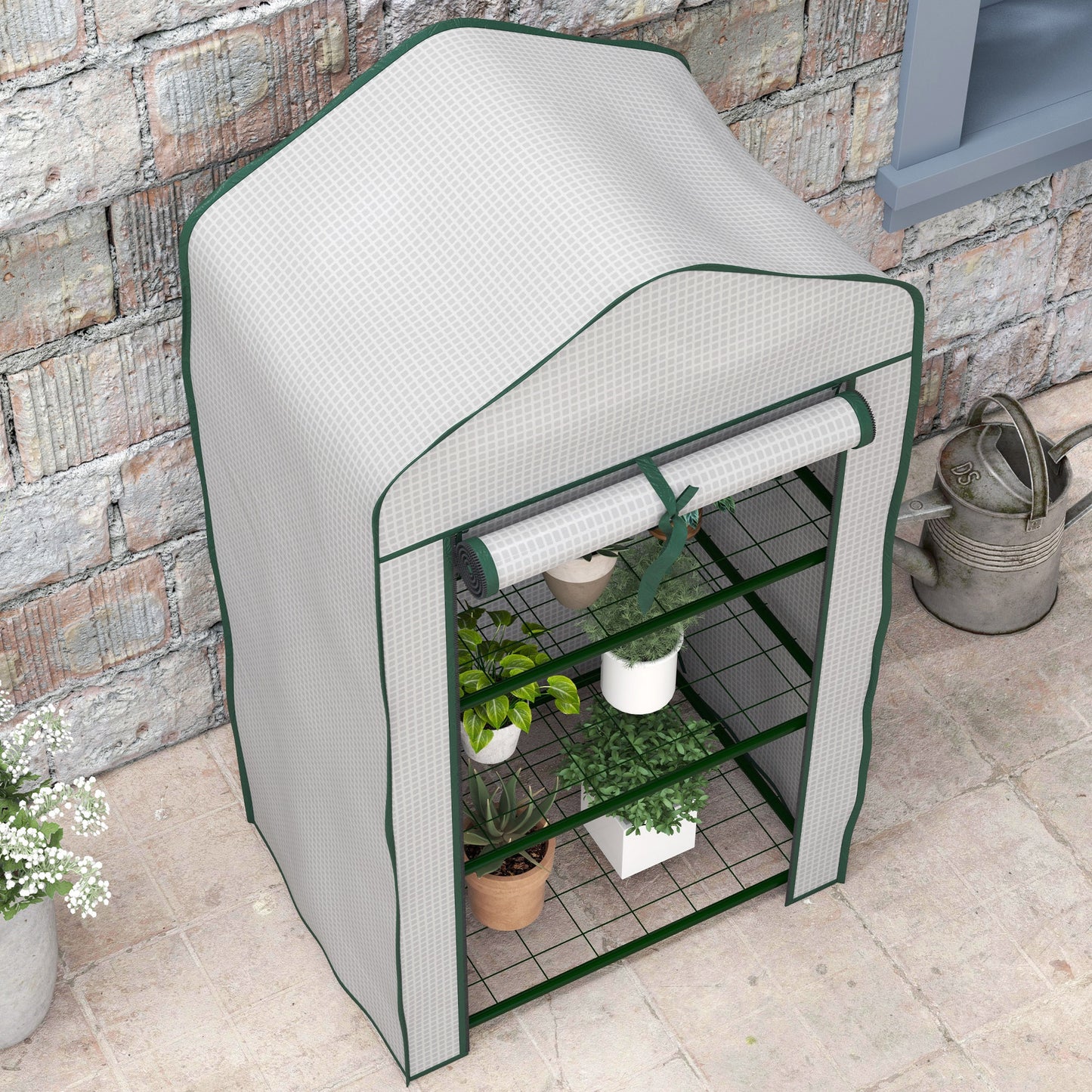 Outsunny Invernadero de Jardín de 3 Niveles Invernadero de Terraza con 3 Estantes 1 Puerta Enrollable con Cremallera Invernadero para Cultivo de Plantas Flores Verduras 59x39x127 cm Blanco