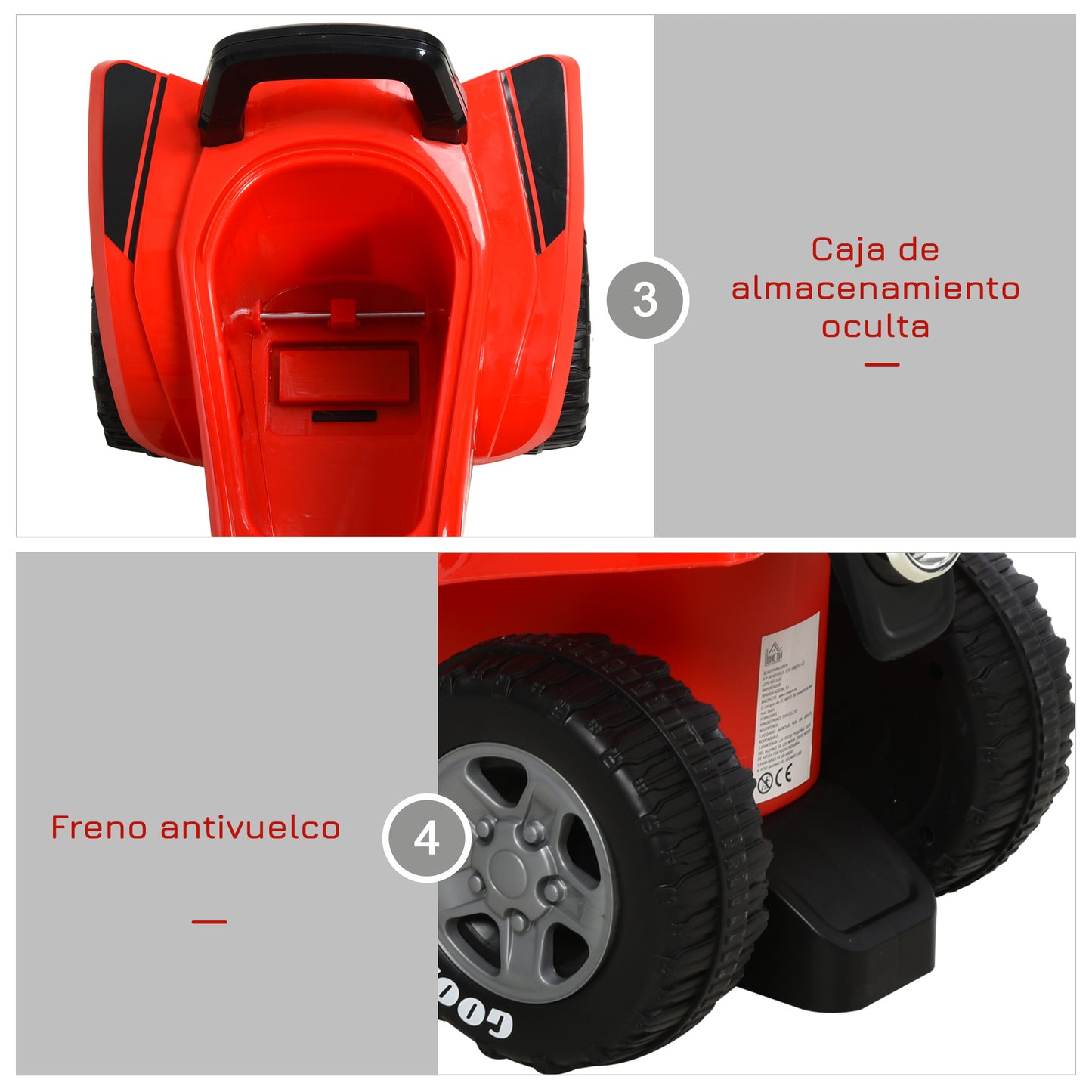 HOMCOM Quad Correpasillos para Niños Mayores de 18-36 Meses Coche Cuatrimoto con Funciones de Luces Bocina y Espacio Secreto de Almacenaje 60x31x42 cm Rojo