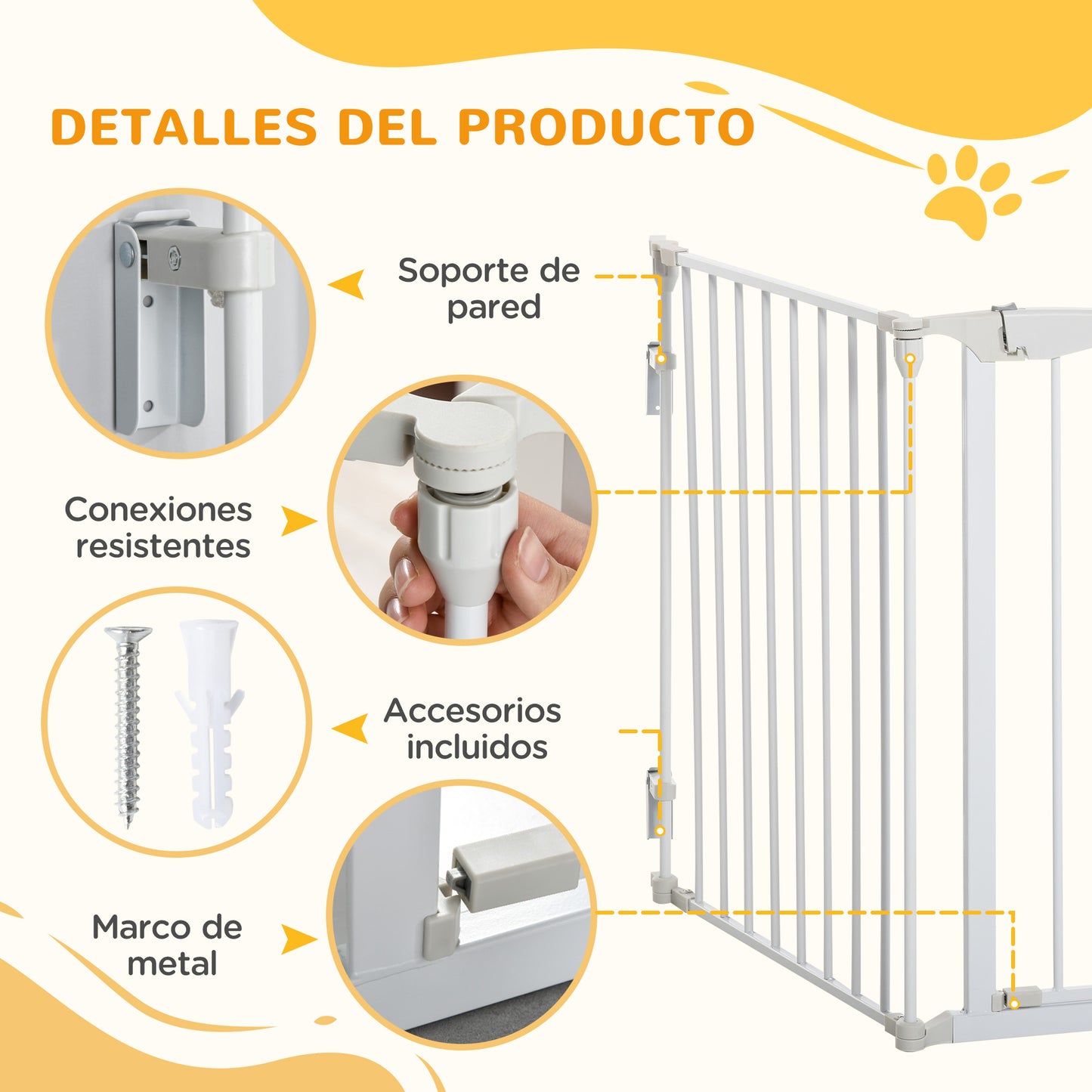 PawHut Barrera para Perros Plegable Valla para Mascotas de 3 Paneles con Cierre Inteligente Barrera de Seguridad para Escalera Pasillo 180x74,5 cm Blanco