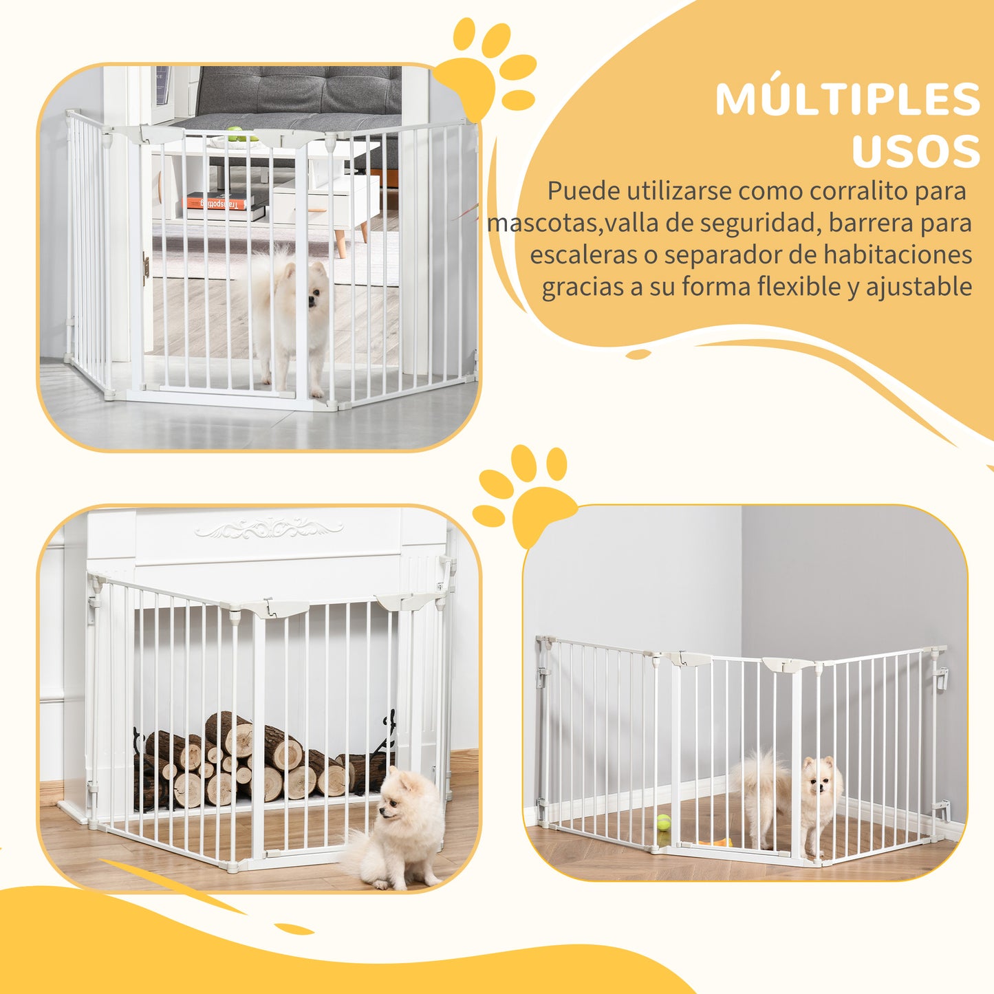 PawHut Barrera para Perros Plegable Valla para Mascotas de 3 Paneles con Cierre Inteligente Barrera de Seguridad para Escalera Pasillo 180x74,5 cm Blanco