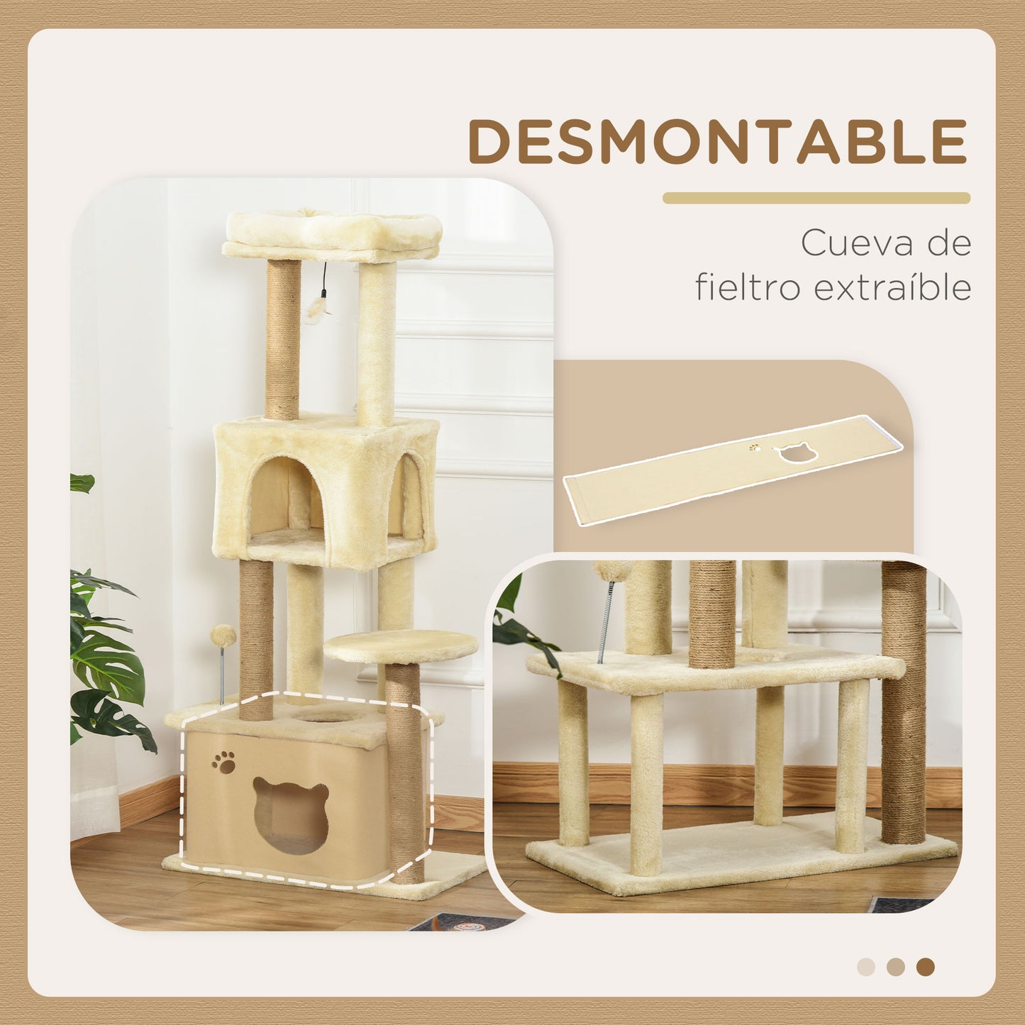 PawHut Árbol Rascador para Gatos Grande 60x34x136 cm Árbol para Gatos con Plataformas Cuevas de Felpa Desmontable Postes de Yute y Bola Colgante Beige