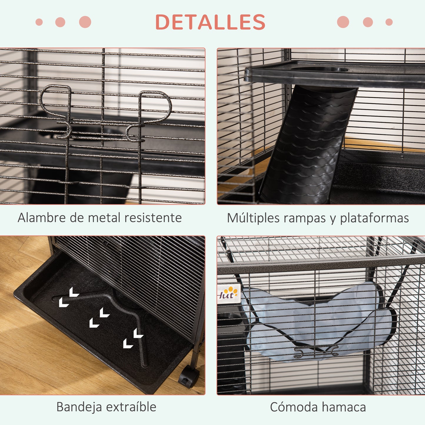 PawHut Jaula para Animales Pequeños de 4 Niveles Parque para Mascotas con Ruedas 2 Puertas 3 Rampas Hamaca Colgante y Bandeja Extraíble para Cobayas 52x52x113,5 cm Gris Plateado