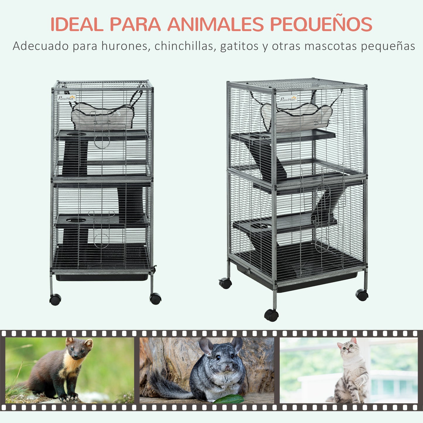 PawHut Jaula para Animales Pequeños de 4 Niveles Parque para Mascotas con Ruedas 2 Puertas 3 Rampas Hamaca Colgante y Bandeja Extraíble para Cobayas 52x52x113,5 cm Gris Plateado