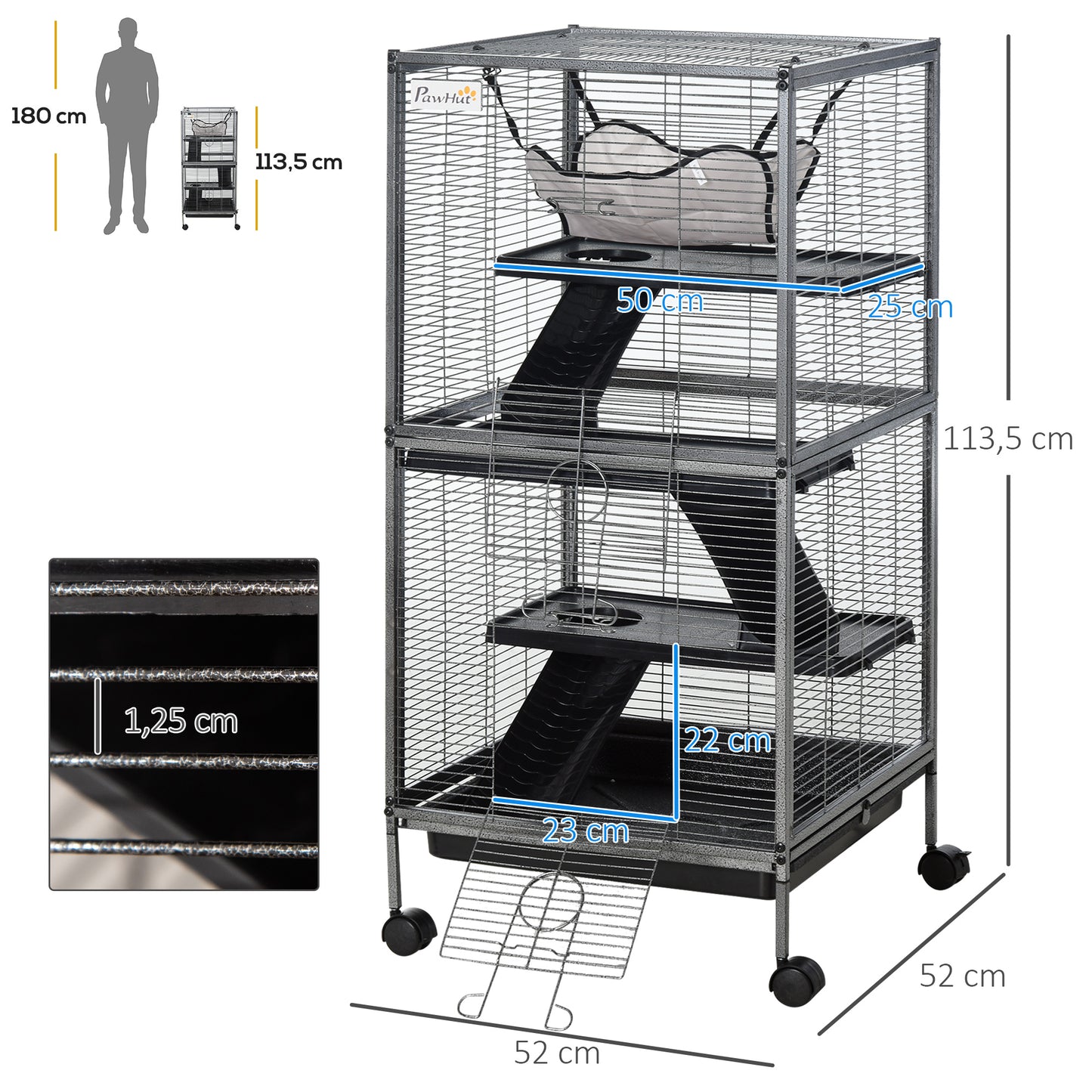 PawHut Jaula para Animales Pequeños de 4 Niveles Parque para Mascotas con Ruedas 2 Puertas 3 Rampas Hamaca Colgante y Bandeja Extraíble para Cobayas 52x52x113,5 cm Gris Plateado