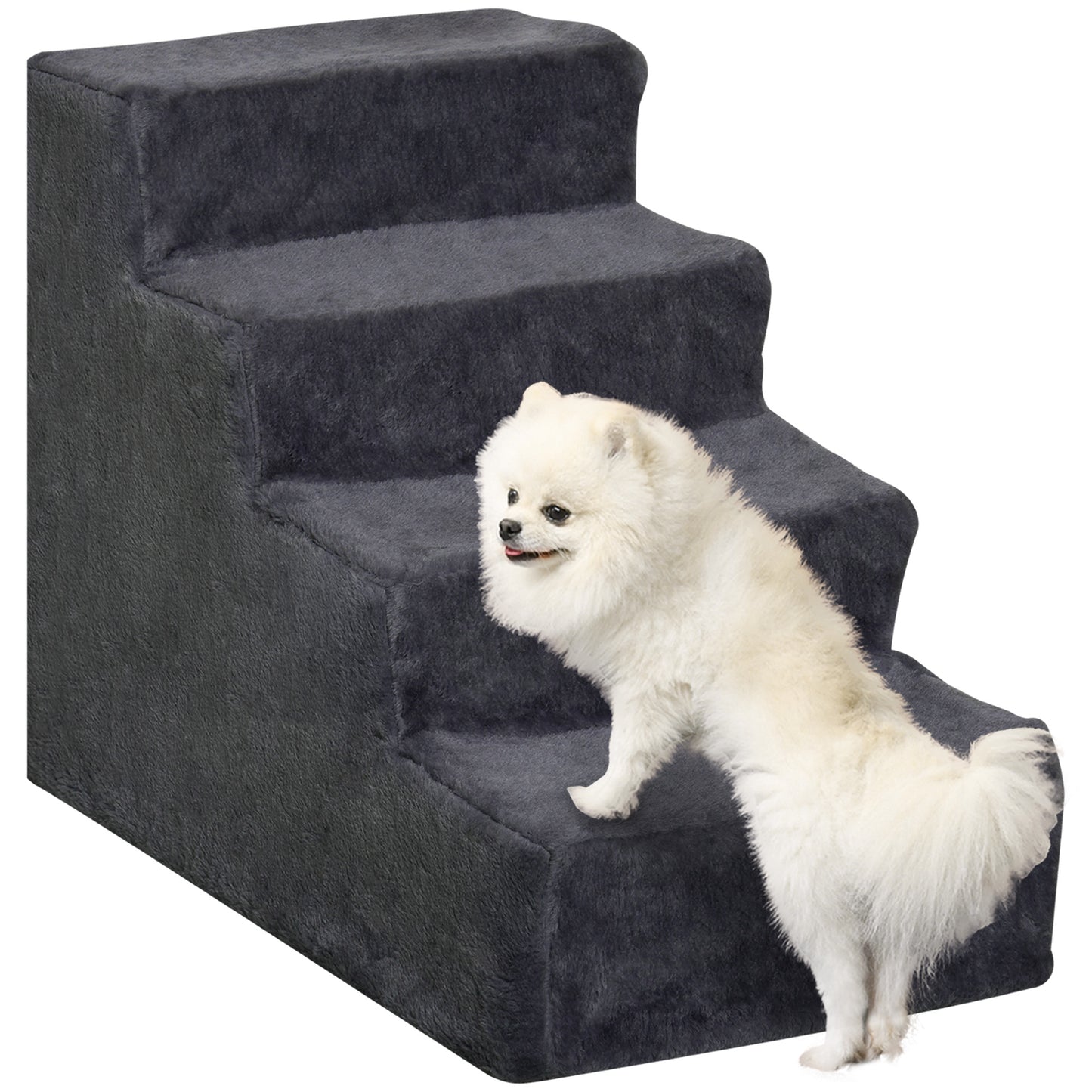 PawHut Escalera para Perros de 4 Peldaños Escalera para Mascotas con Funda Extraíble y Lavable para Cama Sofá 60x35x44 cm Gris Oscuro