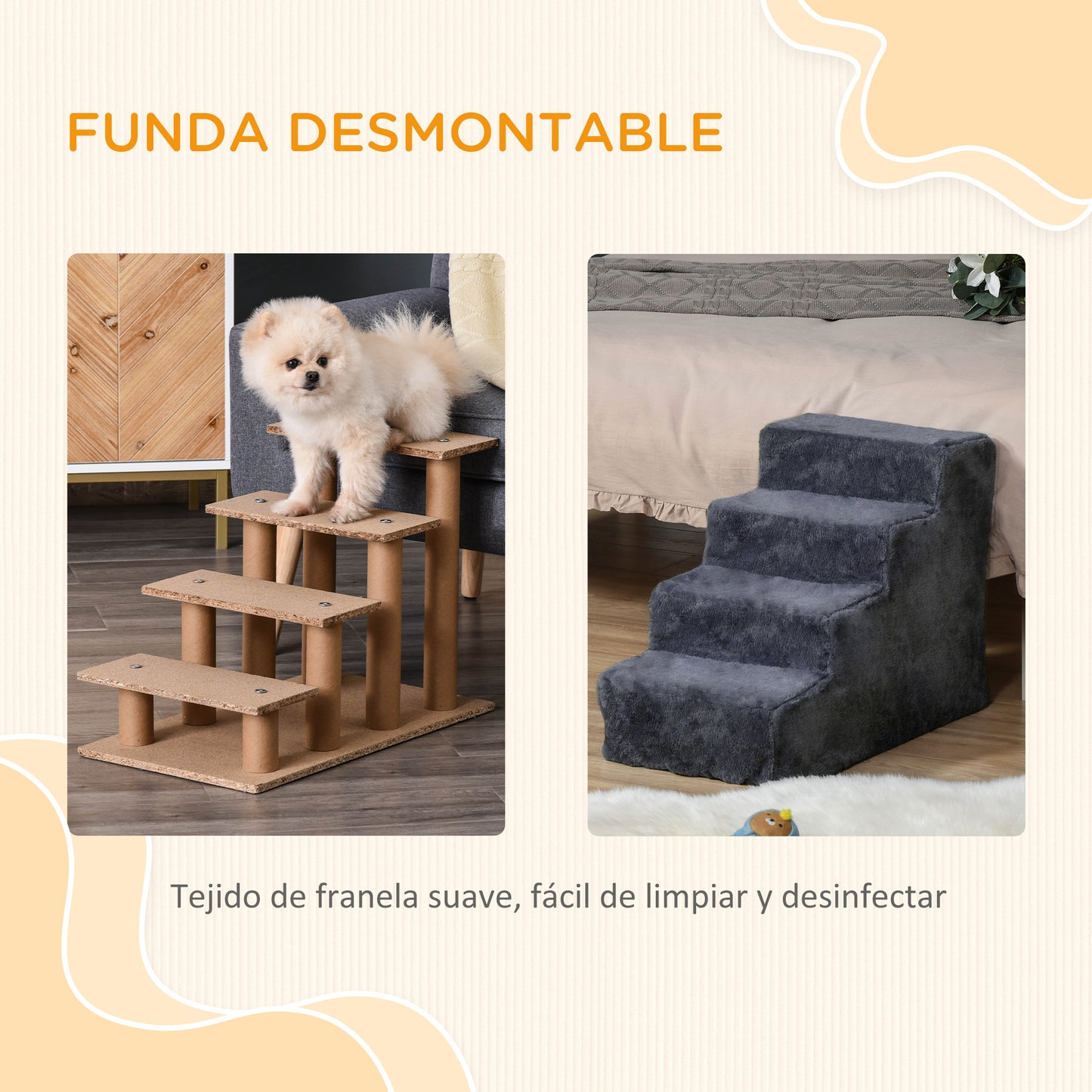 PawHut Escalera para Perros de 4 Peldaños Escalera para Mascotas con Funda Extraíble y Lavable para Cama Sofá 60x35x44 cm Gris Oscuro