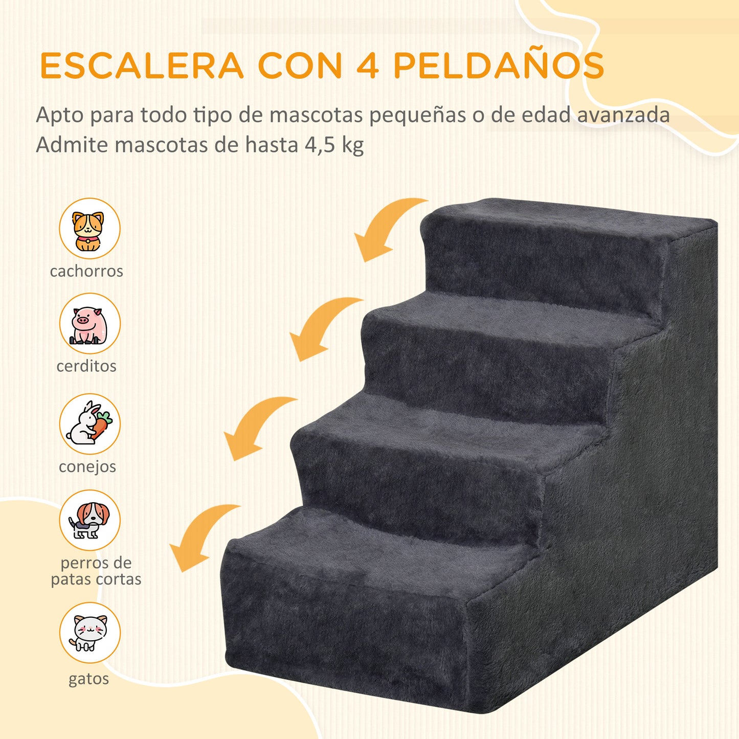 PawHut Escalera para Perros de 4 Peldaños Escalera para Mascotas con Funda Extraíble y Lavable para Cama Sofá 60x35x44 cm Gris Oscuro