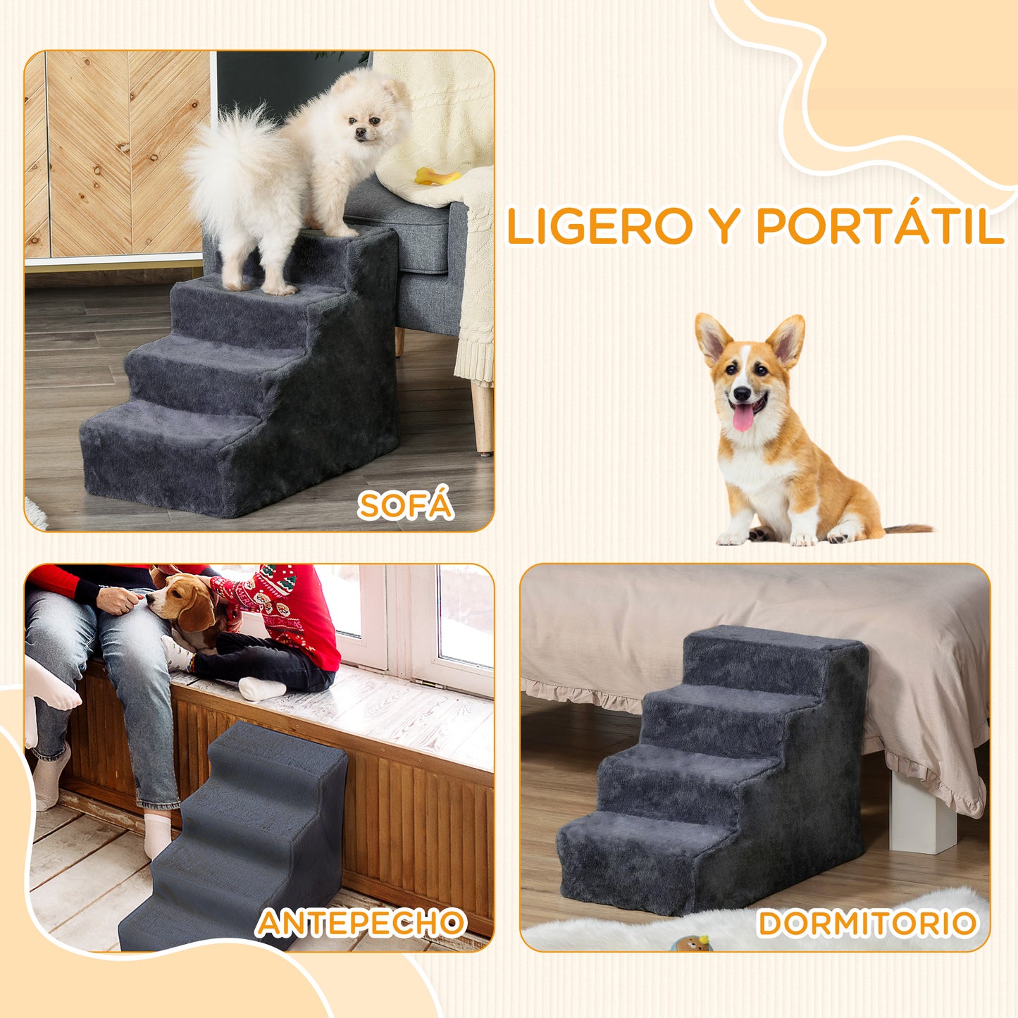 PawHut Escalera para Perros de 4 Peldaños Escalera para Mascotas con Funda Extraíble y Lavable para Cama Sofá 60x35x44 cm Gris Oscuro