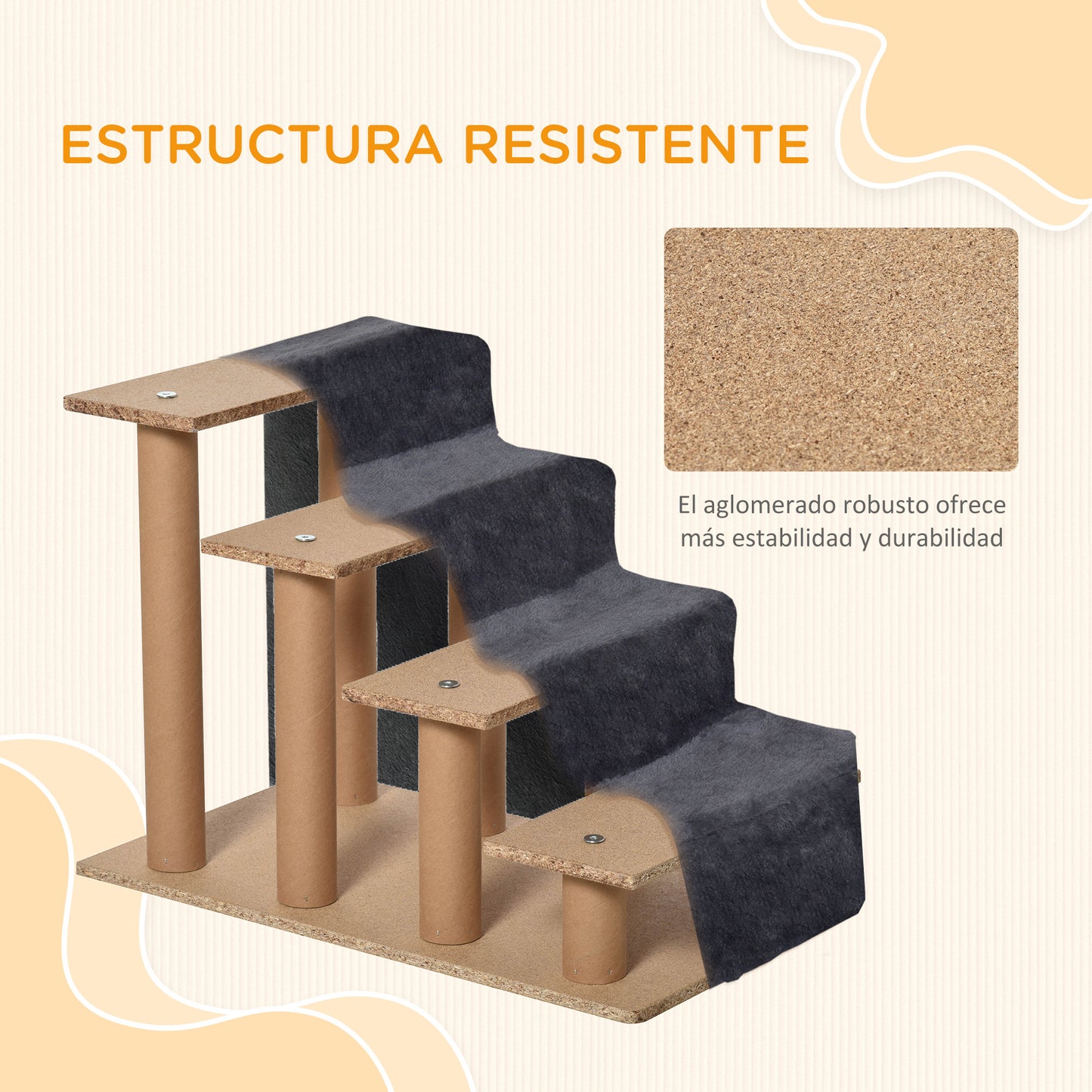 PawHut Escalera para Perros de 4 Peldaños Escalera para Mascotas con Funda Extraíble y Lavable para Cama Sofá 60x35x44 cm Gris Oscuro