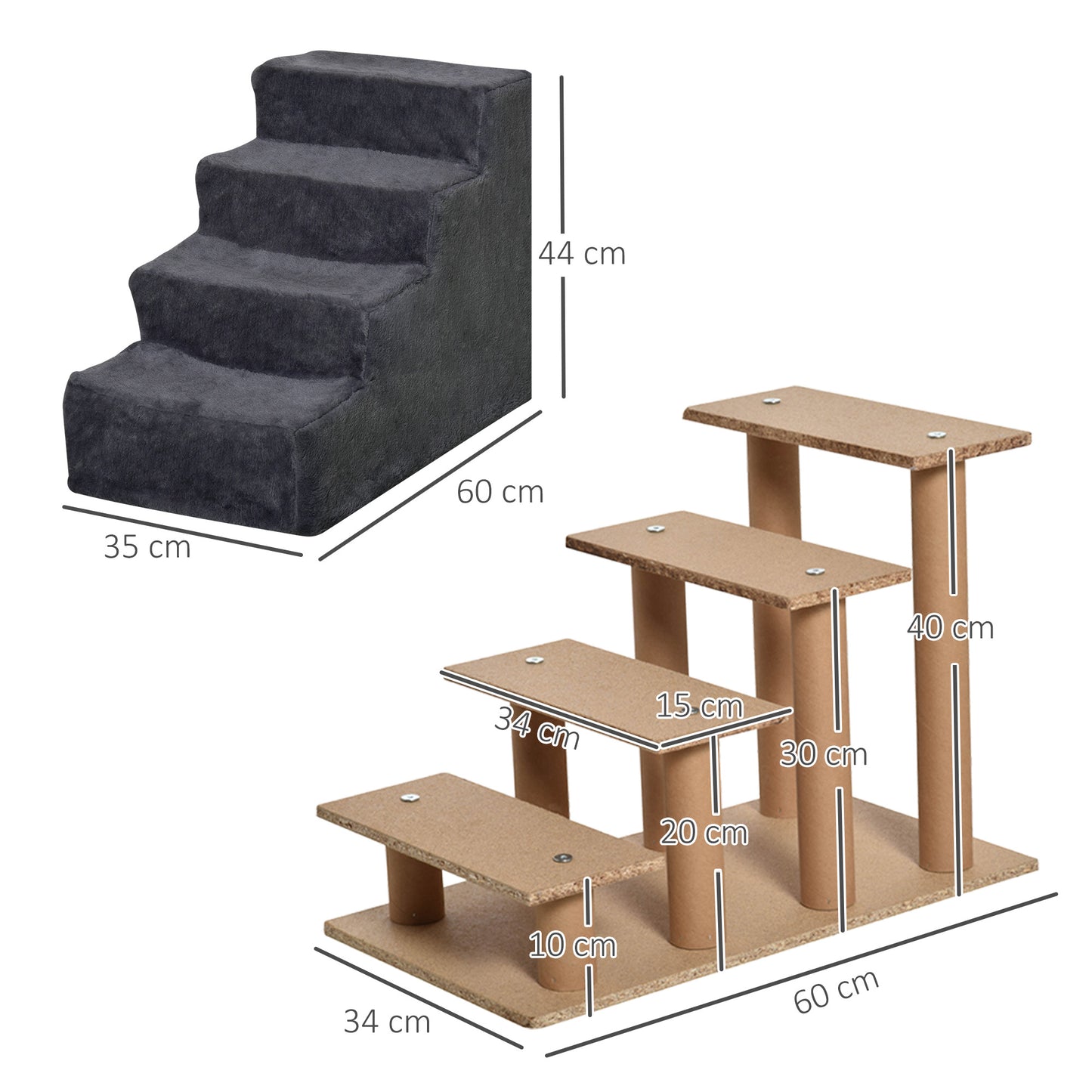 PawHut Escalera para Perros de 4 Peldaños Escalera para Mascotas con Funda Extraíble y Lavable para Cama Sofá 60x35x44 cm Gris Oscuro