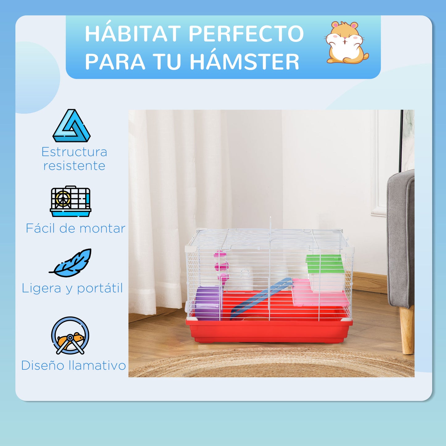 PawHut Jaula para Hámster Casa para Hámster 47x30x27 cm con 1 Piso Comedero Bebedero Rampa Rueda de Ejercicio para Animales Pequeños Blanco y Rojo