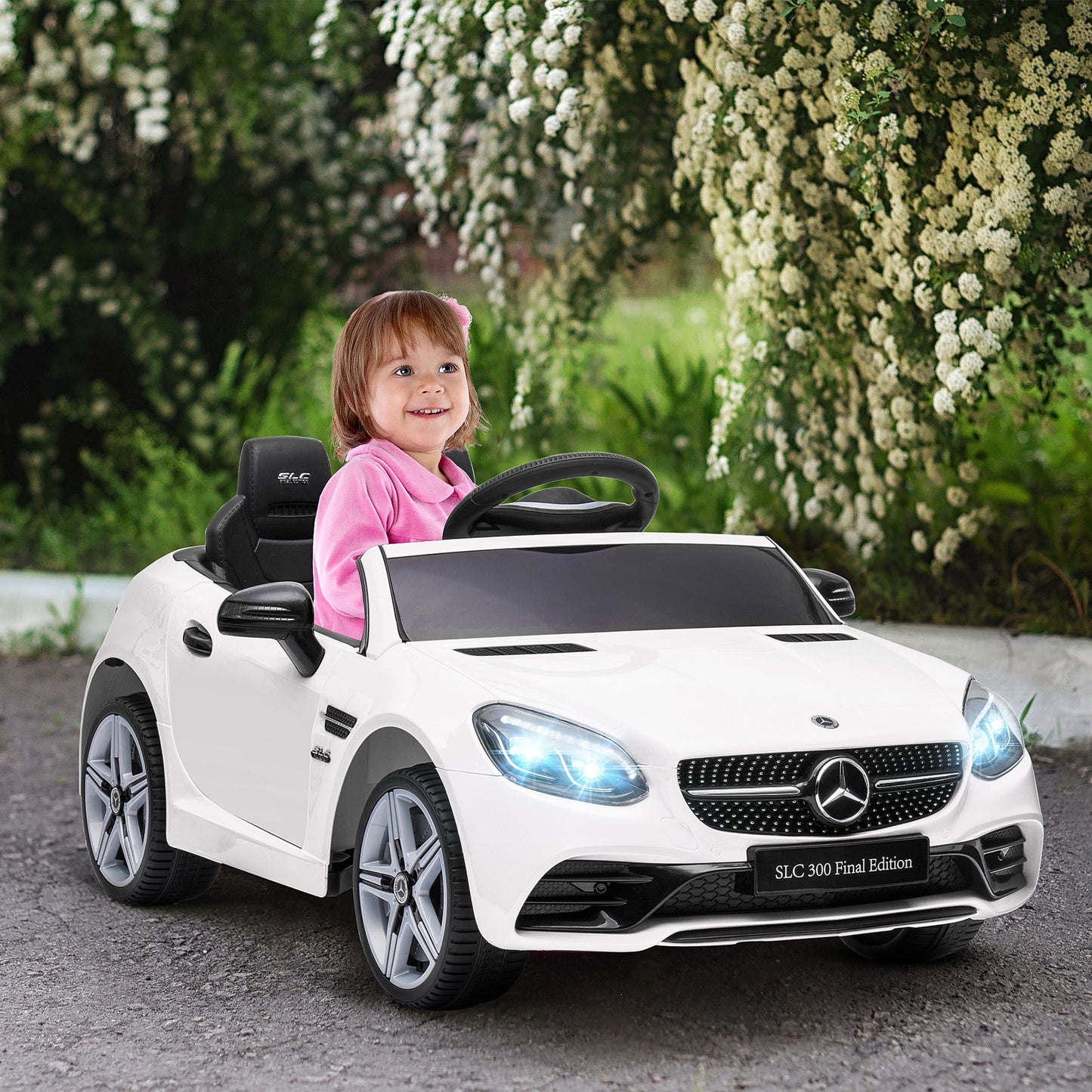 AIYAPLAY Coche Eléctrico Mercedes SLC 300 12V para Niños de 3-6 Años con Mando a Distancia Faros LED Bocina Música TF USB y Apertura de Puerta 3-5 km/h 107x62,5x44 cm Blanco