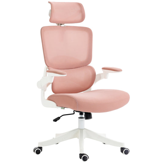 Vinsetto Silla de Oficina de Malla Giratoria Silla de Escritorio Basculante con Respaldo Alto Reposacabezas Reposabrazos y Soporte Lumbar 62x58x120-133 cm Rosa