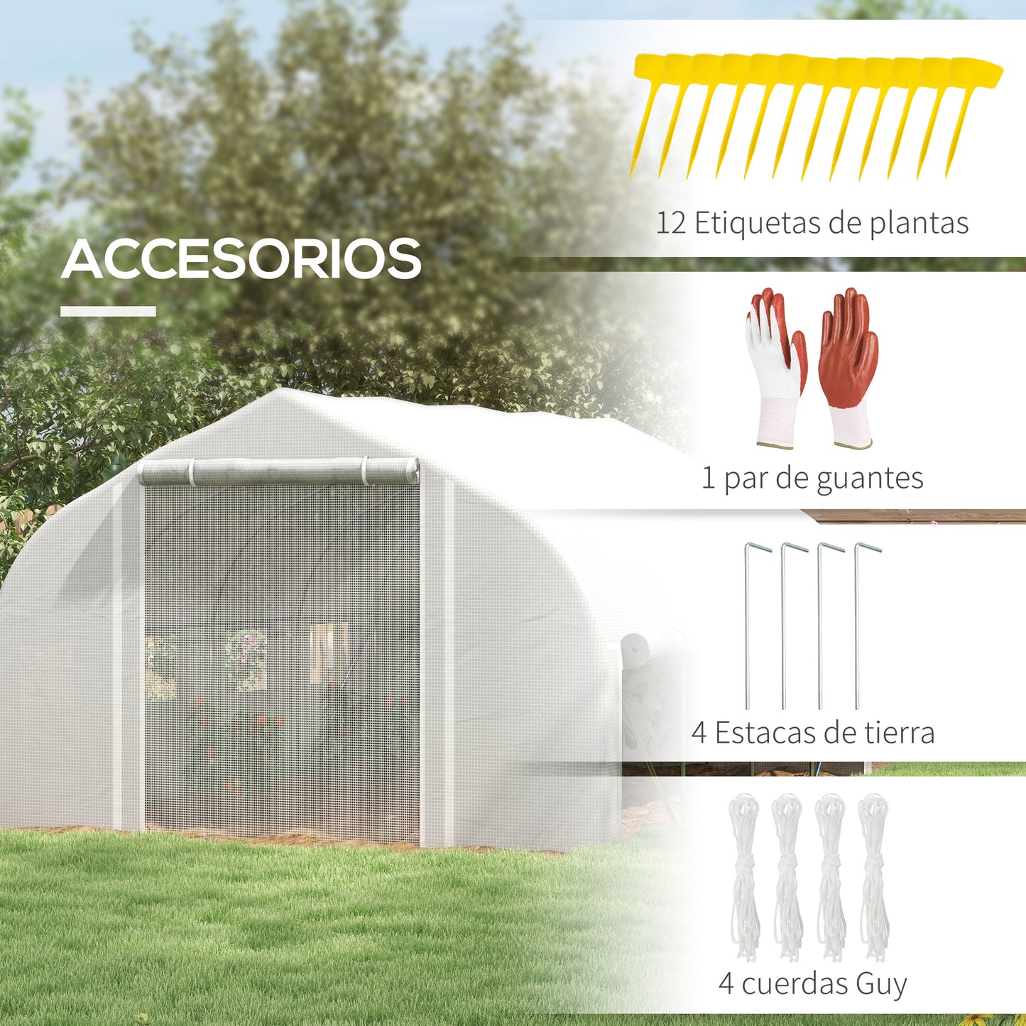 Outsunny Invernadero de Túnel 4x3x2 m Invernadero de Jardín con Puerta de Malla y 8 Ventanas Invernadero de Huerto con Techo Puntiagudo Persianas y Enrollables para Cultivos Plantas Verduras Blanco