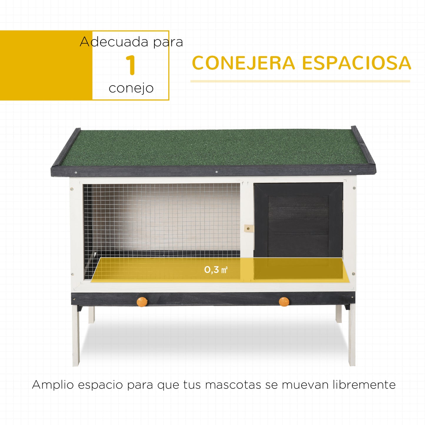 PawHut Conejera de Madera Exterior Jaula Elevada para Conejos Cobayas Animales Pequeños con Techo Asfáltico Abatible Bandejas Extraíbles y Puerta con Pestillo 90x45x65 cm Negro